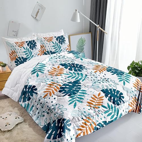 Miniatura 9 de Juego de edredón de 3 piezas con diseño de hojas a rayas, tamaño Queen, ligero y esponjoso, juego de edredón de microfibra suave para todas las