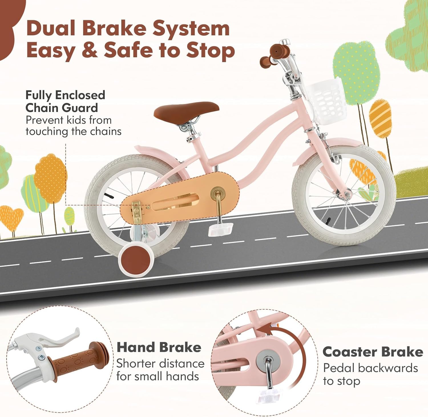 HOMGX 14”/16”/18” Kids Bike for Boys & Girls Aged 3-8 Years Old w/Training Wheels, Basket, 95% Pre-Assembled (Pink, 14