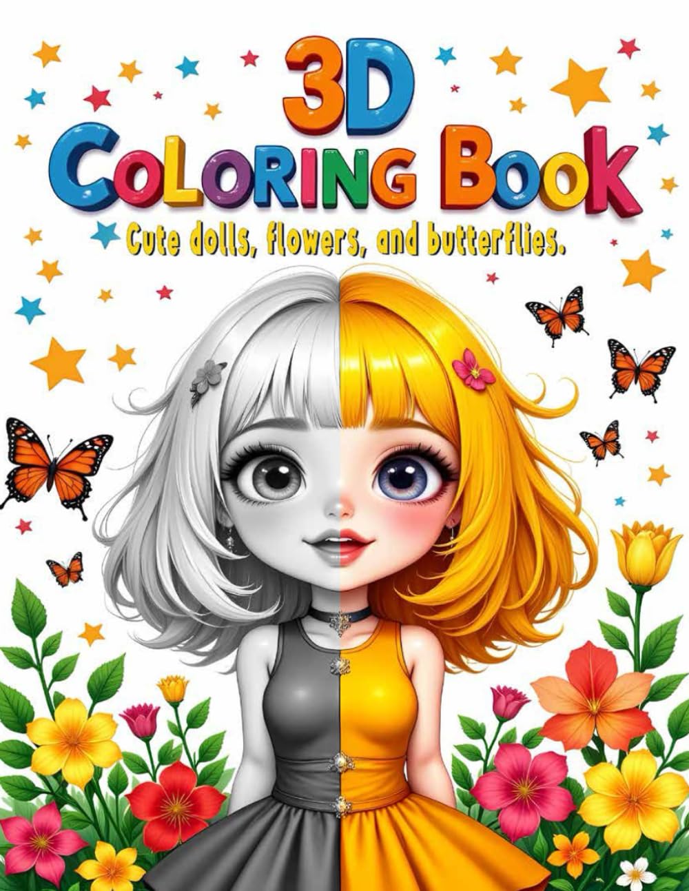 3D Coloring Book : Cute dolls, flowers, and butterflies.: Pretty Girls and Princesses with Fun and Trendy Outfits to Color for Tweens and Teens | 50 Unique 3D-Style Designs.