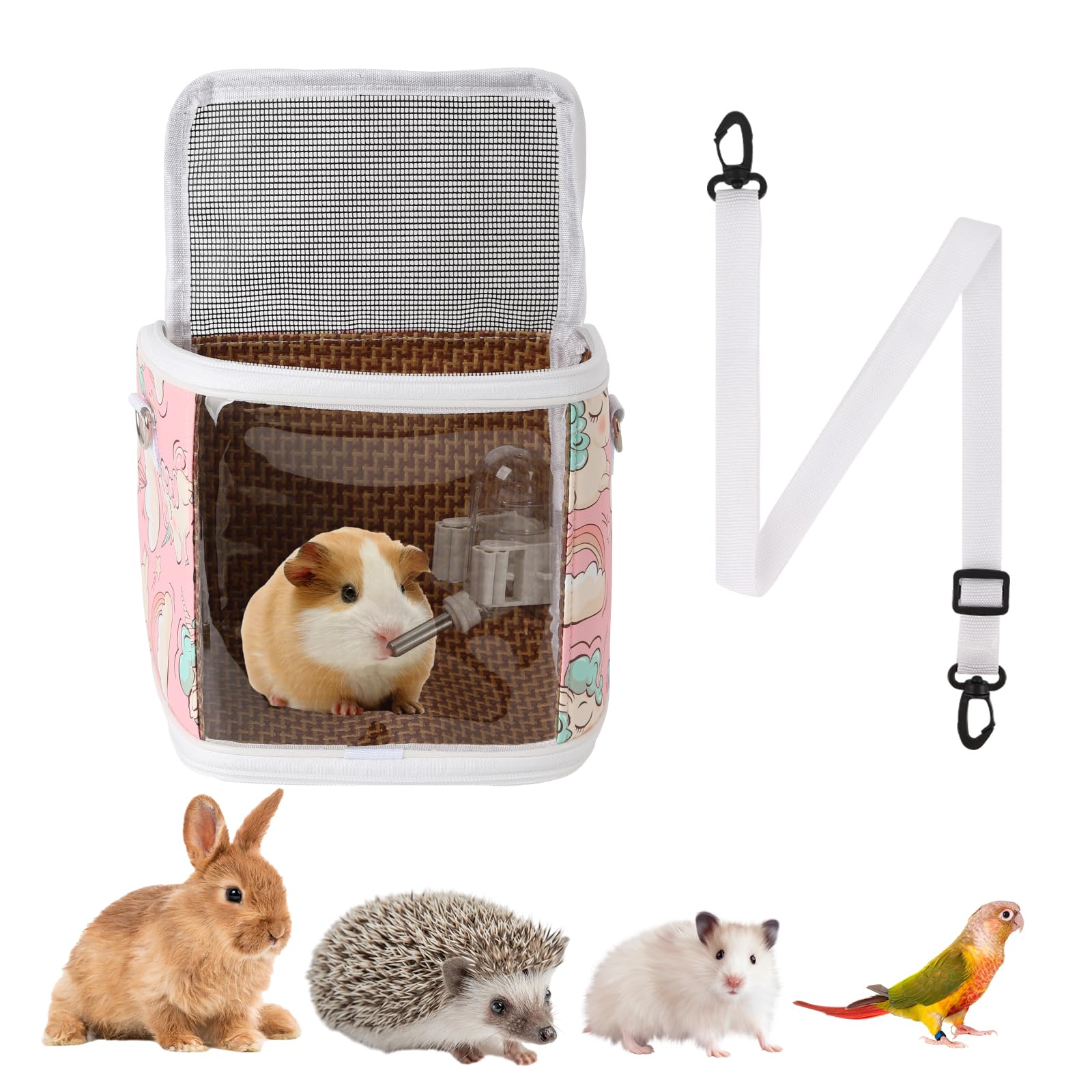 Guinea Pig Carrier Bag with Water Bottle?Travel Portable Small Animal Carrier Sling Pouch, Clear Window Carrier Backpack for Hamster Bunny Gerbil Hedgehog Sugar Glider Lizard Bird.(Pink)