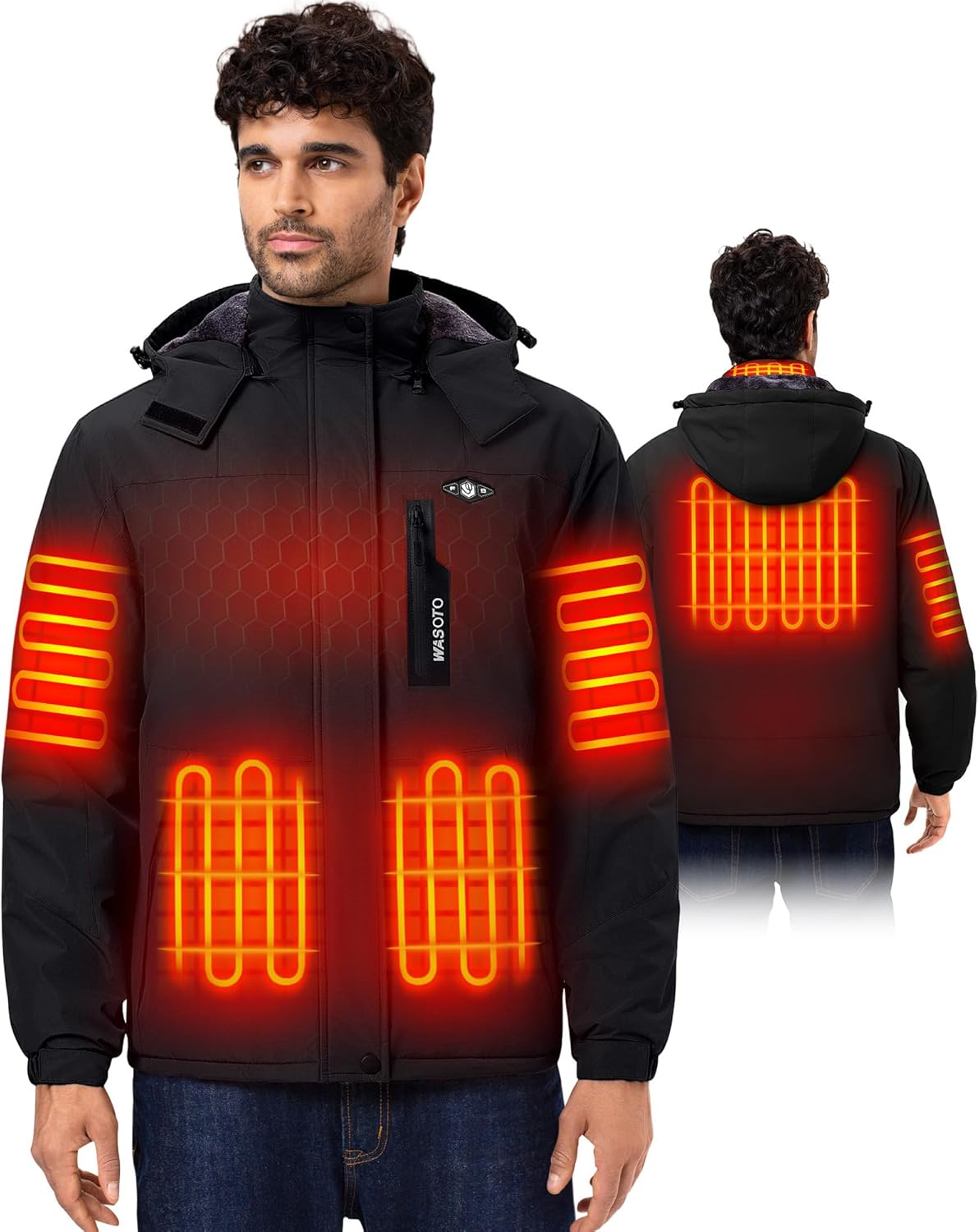 WASOTO Heated Jackets for Men Fur Lining with 18400mAh Battery Pack Charger included Rechargeable Waterproof for Hunting Work