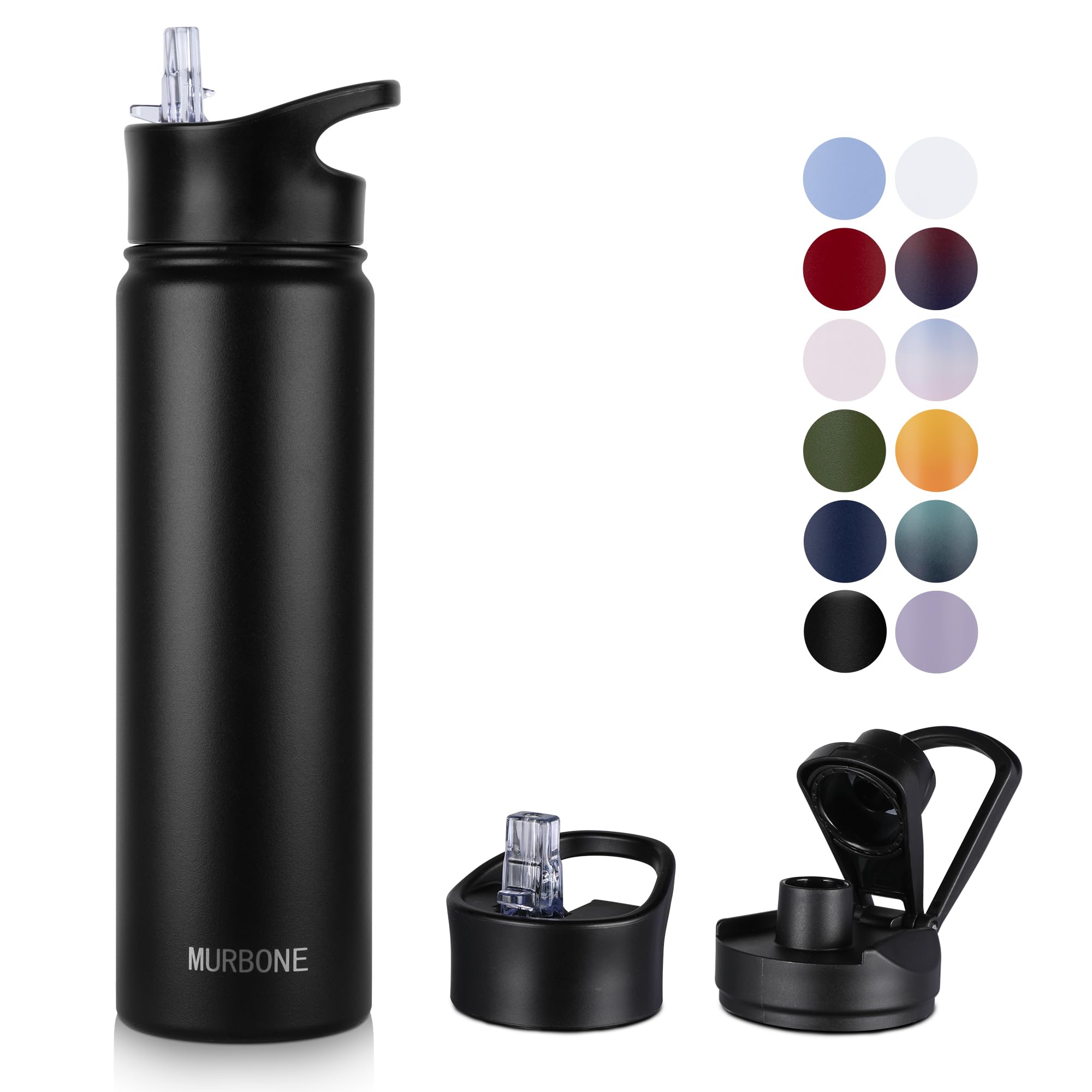 Insulated Water Bottle, 750ml Stainless Steel Drink Flask with Straw, BPA Free, 2 Lids (Straw Lid and Spout Lid), Leakproof Double Walled Vacuum Water Bottle, Black
