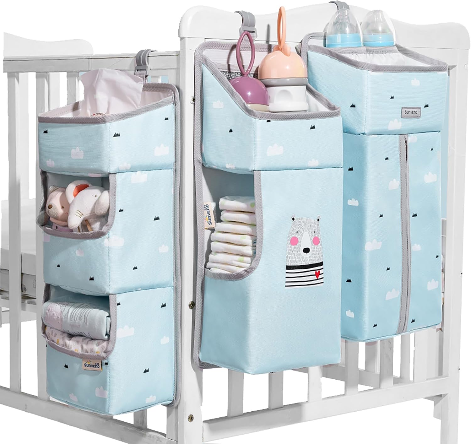 Sunveno おむつストッカー おむつ収納 べビーベッド 収納 三合一可拆分设计 50x13x66cm ベッドサイド 吊り下げ式 おもちゃ 出産祝い (ブルー)