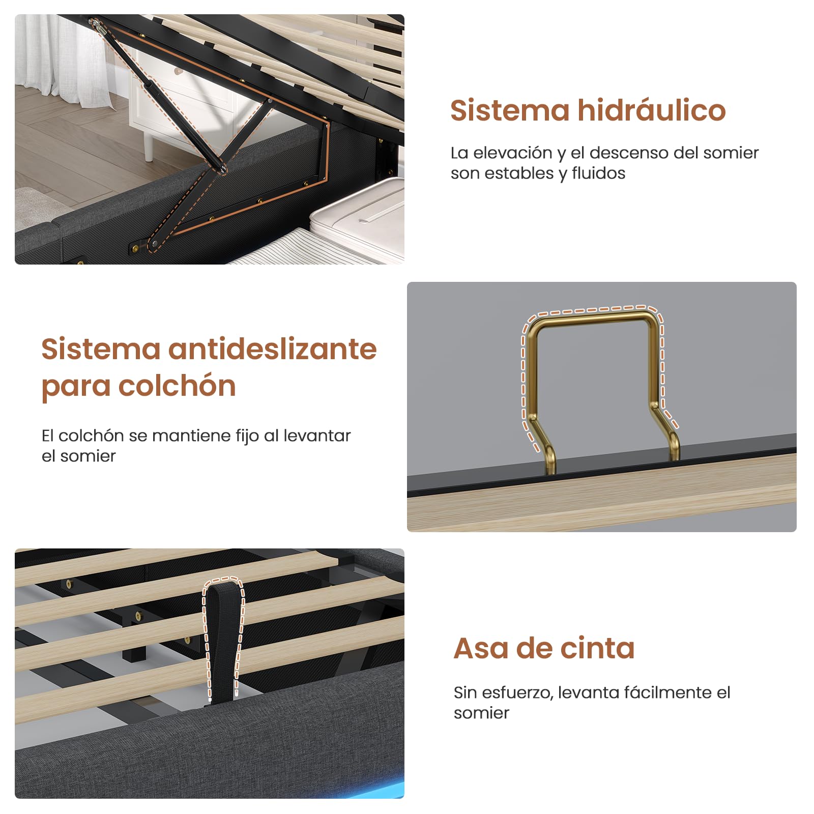 AOGLLATI Cama Matrimonio 140x190 con Almacenamiento Hidráulico, Cama Tapizada con LED y Estación de Carga, Estructura Cama con Cabecero Tapizado, Cama Doble con Canapé de Gran Capacidad, Gris Oscuro