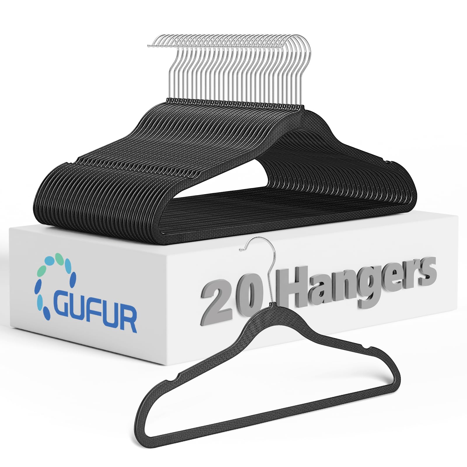 Plastic Coat Hangers 20 Pack - Space Saving Ultra Thin Non-Velvet Clothes Hangers with 360°Rotating Hook - Heavy Duty Black Pant Hangers for Suits and Pants by GUFUR