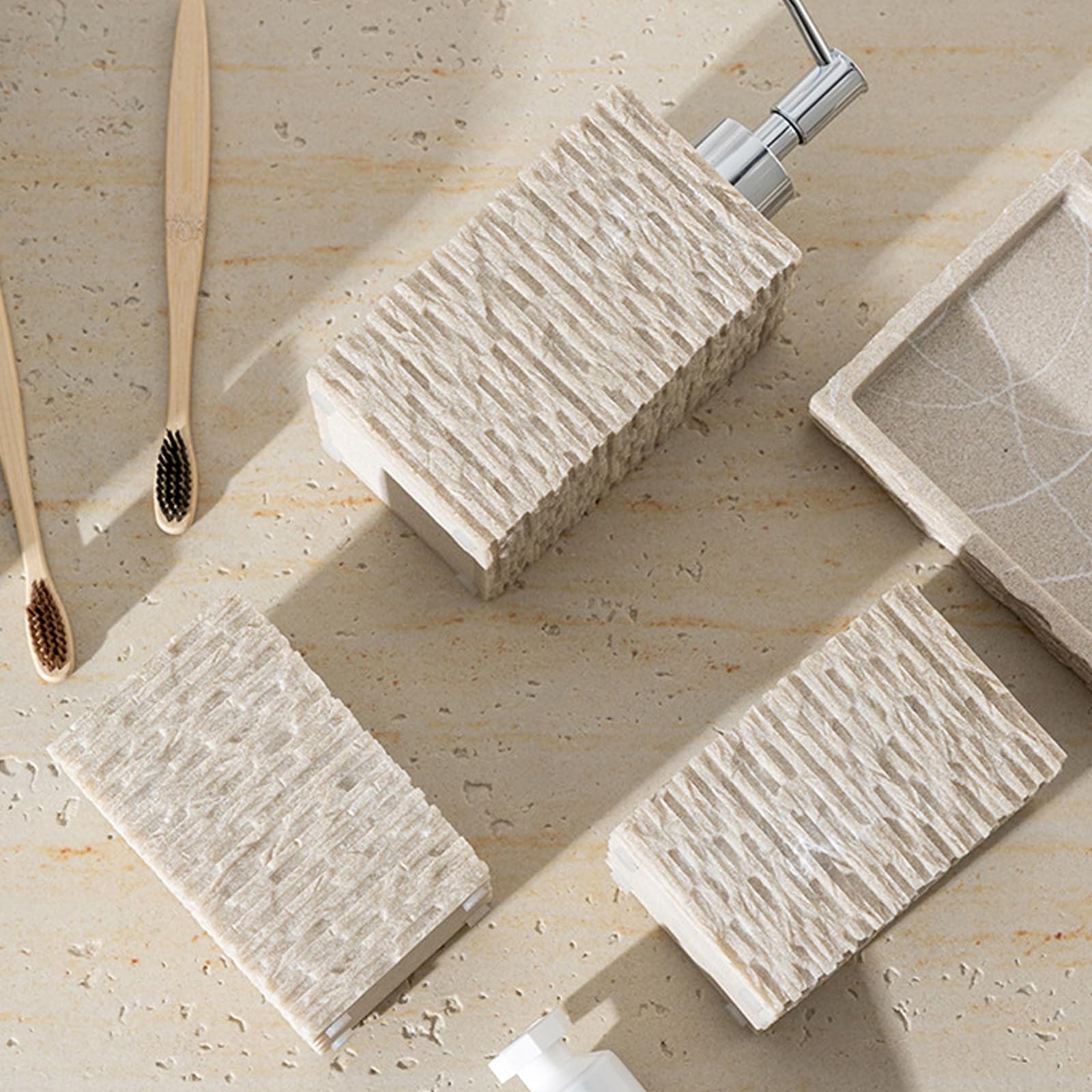 Juego de organizador de baño de resina con acabado de piedra, botella de jabón y bandeja organizadora, soporte para cepillo de dientes para uso doméstico, accesorios de baño