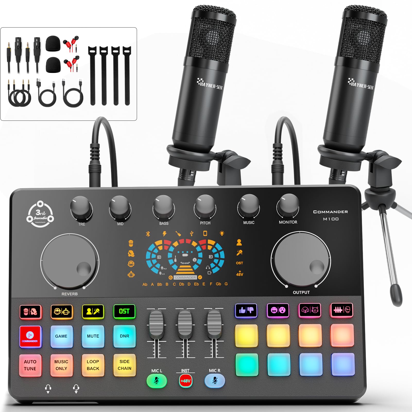 Photo 1 of Podcast Equipment Bundle for 2, Audio Interface DJ Mixer with 3.5mm Condenser Microphone for PC, Smartphone, Voice change,RGB for Recording, Streaming, Podcasting, Gaming, COMMANDER M100 3rd