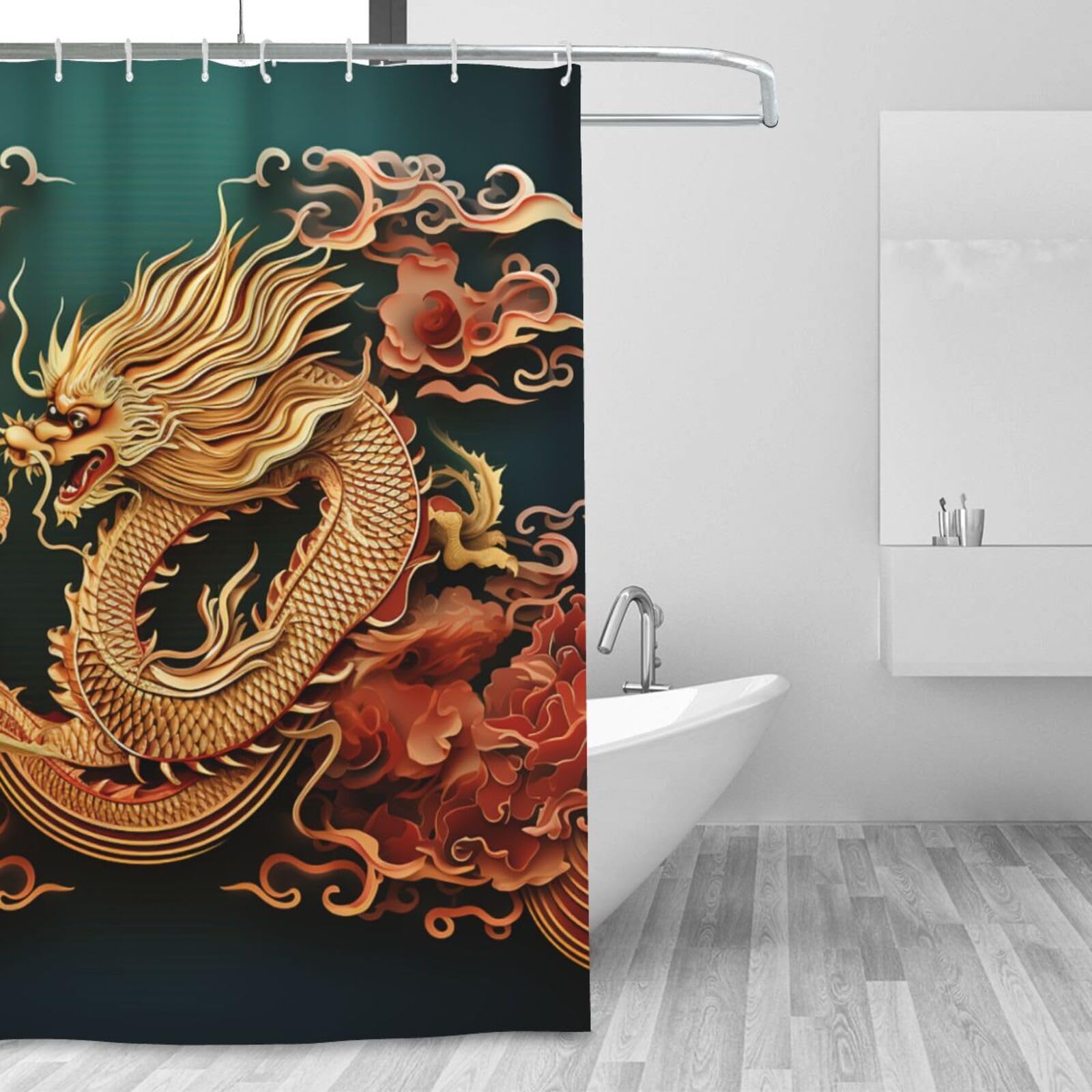 Rideau de douche dragon chinois anti éclaboussures avec 12 anneaux