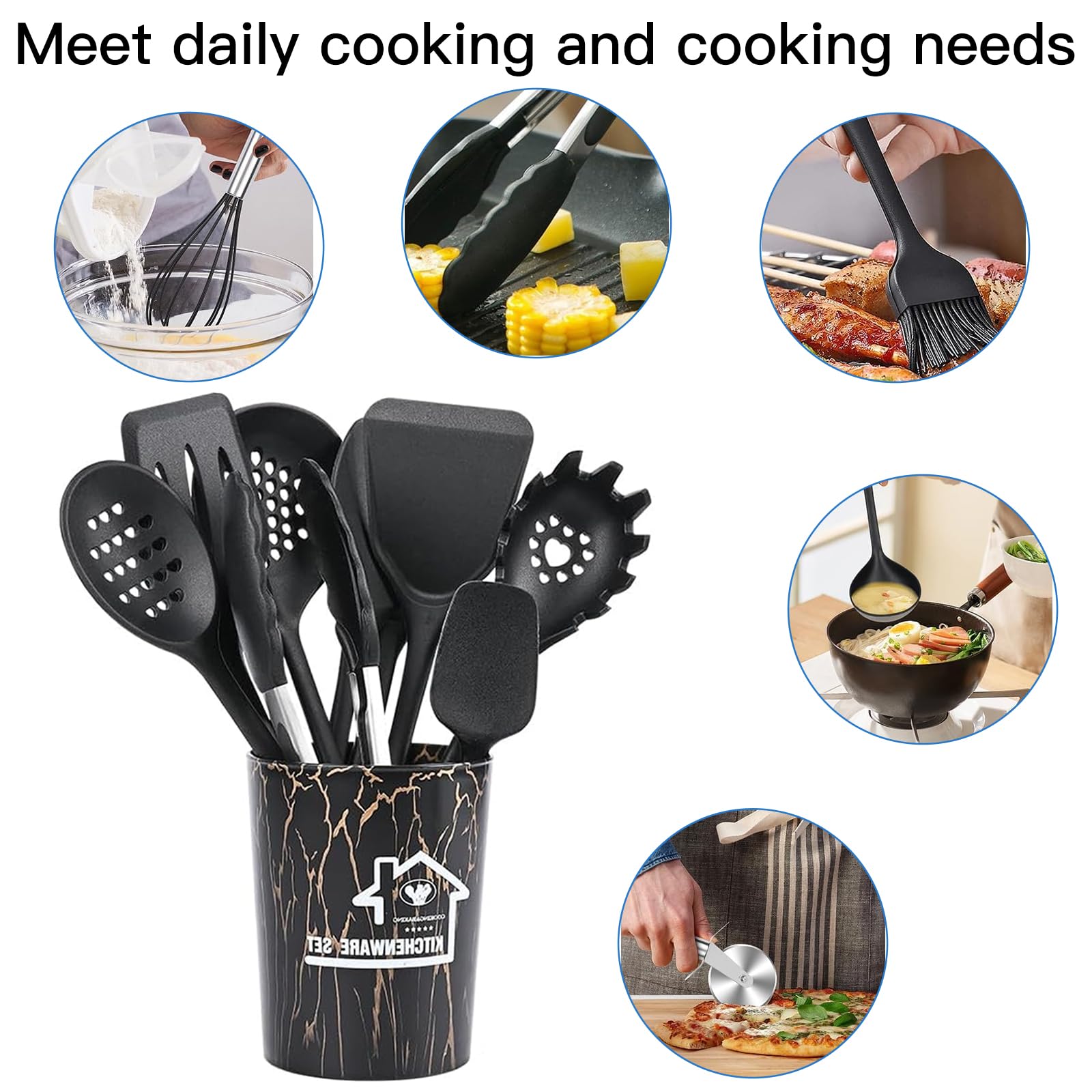 Binnan Utensili da Cucina in Silicone, 44 Pezzi Utensili da Cucina con Secchio Portaoggetti, Resistente al Calore Antiaderenti, Lavabile in Lavastoviglie (Nero)