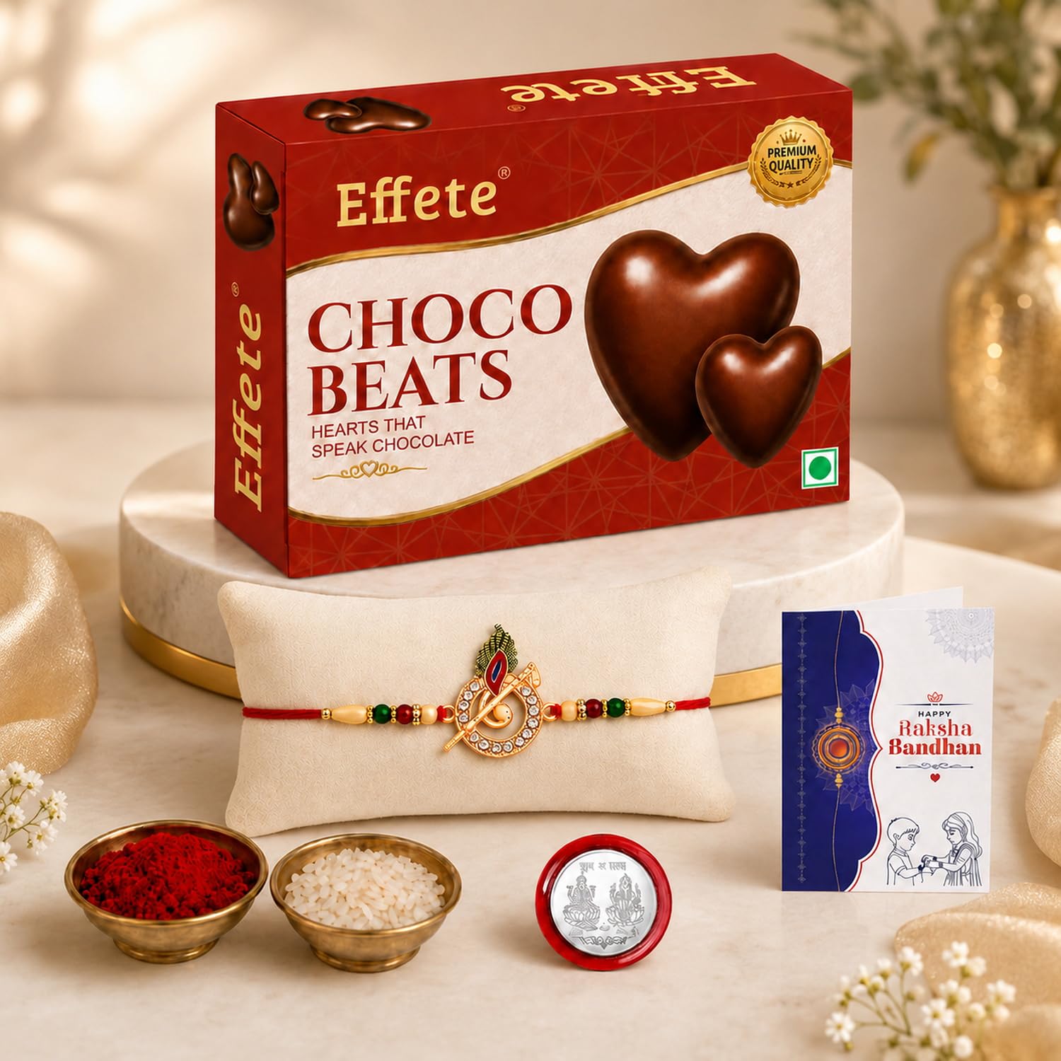 Oblivion Murli Flute Rakhi Set for Brother with Peacock Feather Detail, Heart Shaped Chocolate 32 g, Silver Colour Pooja Coin, Roli and Chawal and Greeting Card