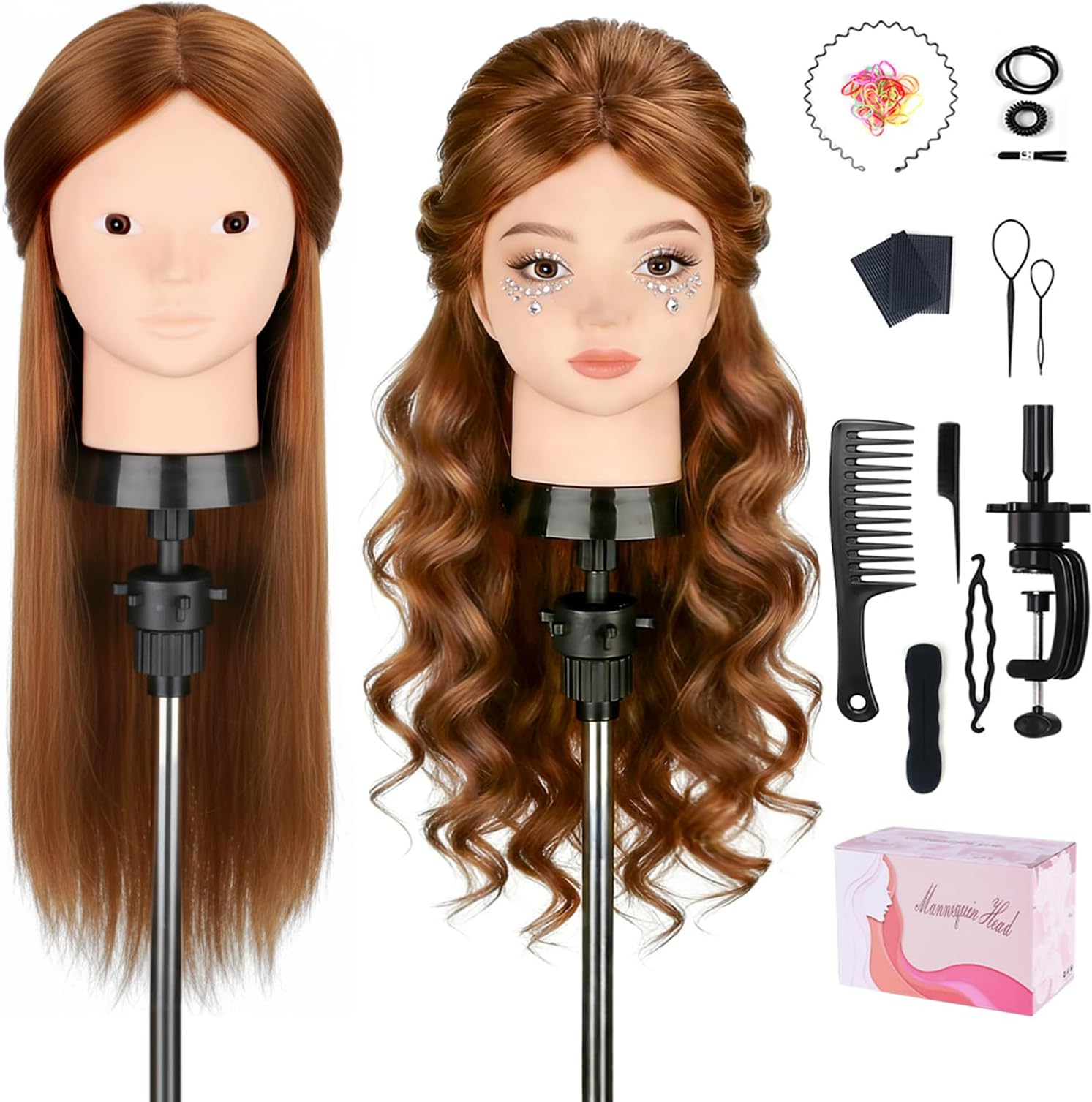 TopDirect Mannequin Head with 80% Human Hair, 23.5" Brown Real Hair Cosmetology Mannequin Head Hair Styling Hairdressing Practice Training Doll Heads with Clamp Holder and Tools