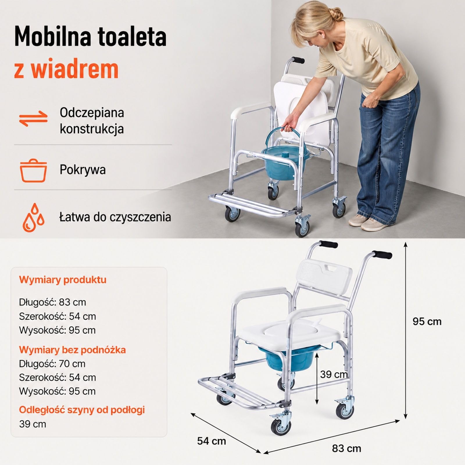 Krzesło toaletowe 4 w 1 na kółkach, wyściełane siedzisko, oparcie, składany podnóżek, wyjmowane wiadro 5 l oraz obrotowe rolki 360° do łazienki