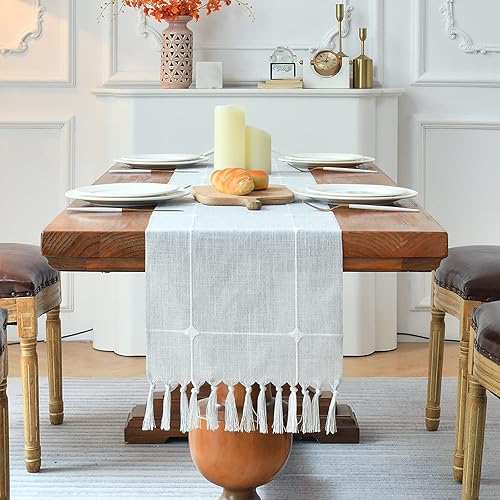 Wracra Camino de mesa bordado estilo granja, color gris, 90 pulgadas de largo con borlas de mano, camino de mesa vintage para fiestas de vacaciones