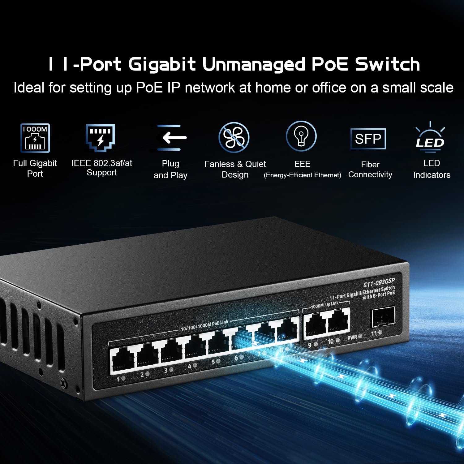 11 Port Gigabit POE Switch, 8 POE+ 1000Mbps, 2 Gigabit Uplink, 1 Gigabit SFP, IEEE802.3af/at, 135W Power Supply, Metal Case Unmanaged Plug and Play Binardat Ethernet Switch