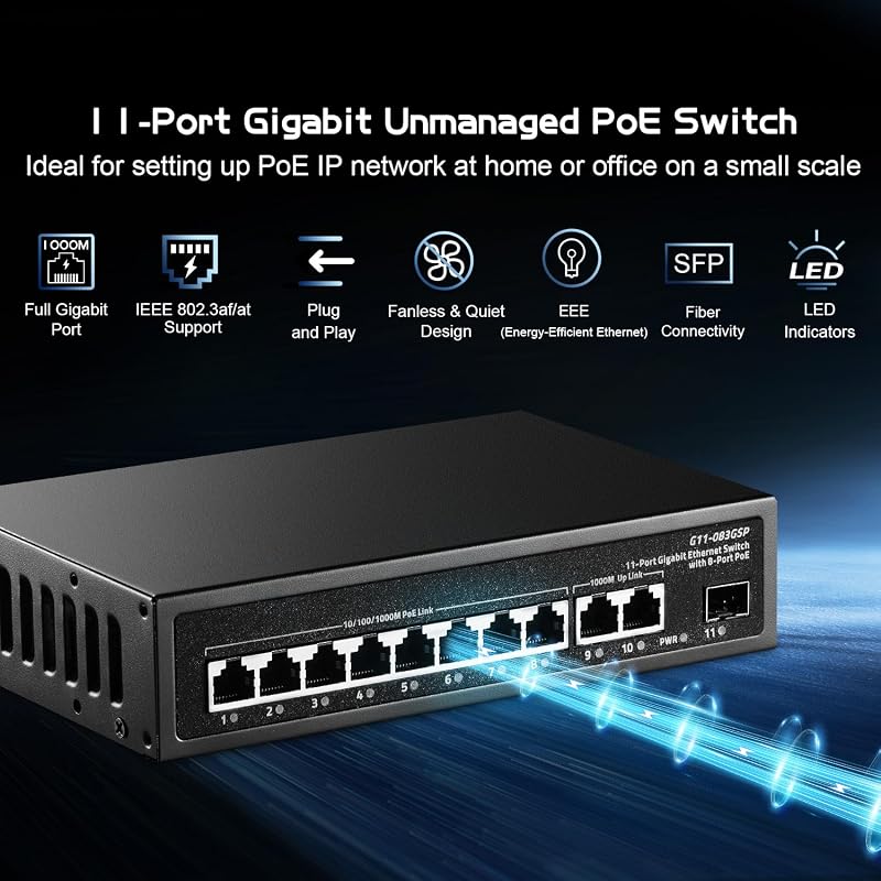 Binardat 11 portos Gigabit POE Switch, 8 POE+ port, 135W tápegység, fém ház