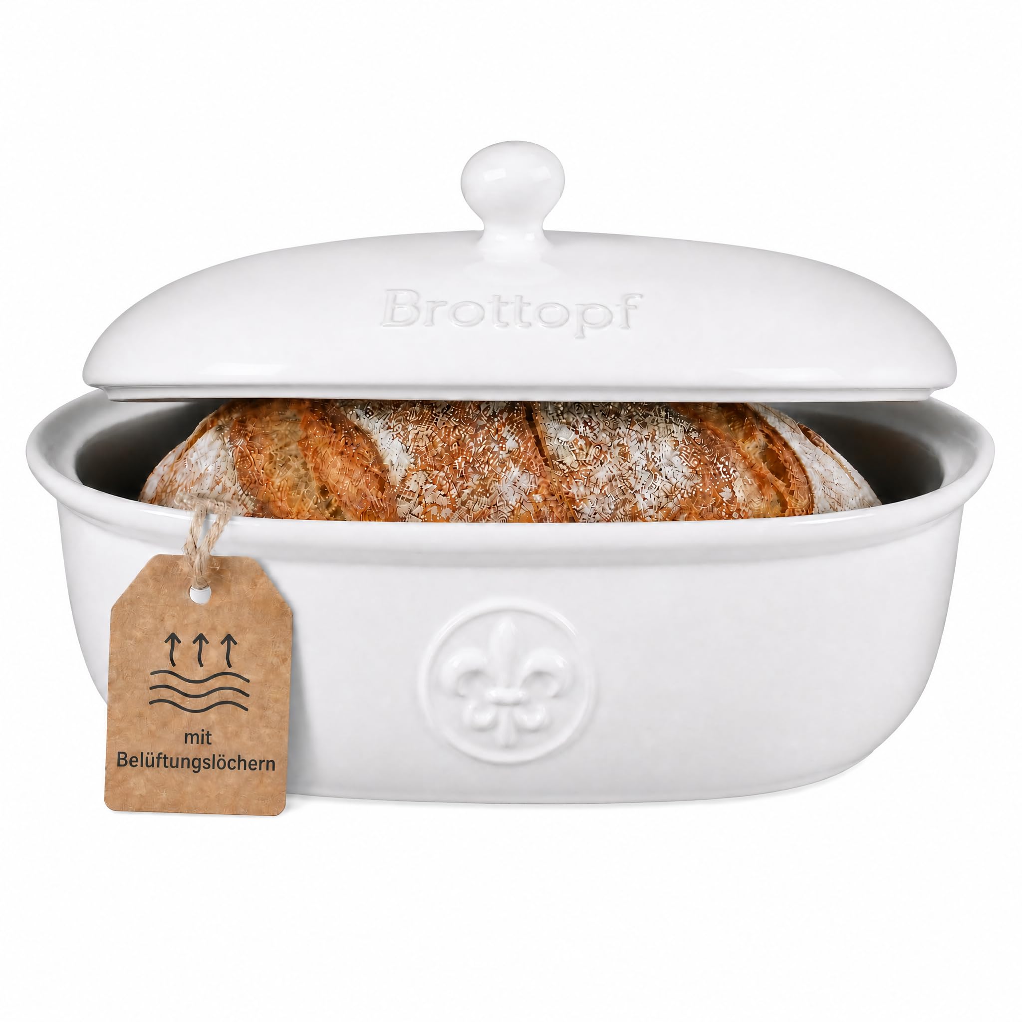 Brottopf in weiss - Brotkasten - oval - Steingut mit Belüftung | Glasierter Steingut-Brotkasten für ordentliche Brotaufbewahrung – hält Brot länger frisch dank seitlicher Belüftung