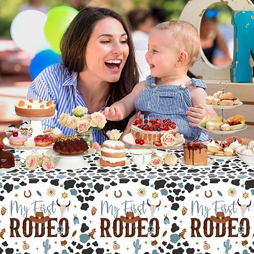 Miniatura 2 de CMUSKO 3 manteles de plástico con texto en inglés My First Rodeo, decoraciones de vaquero, para baby shower, estampado de vaca azul, desechables,