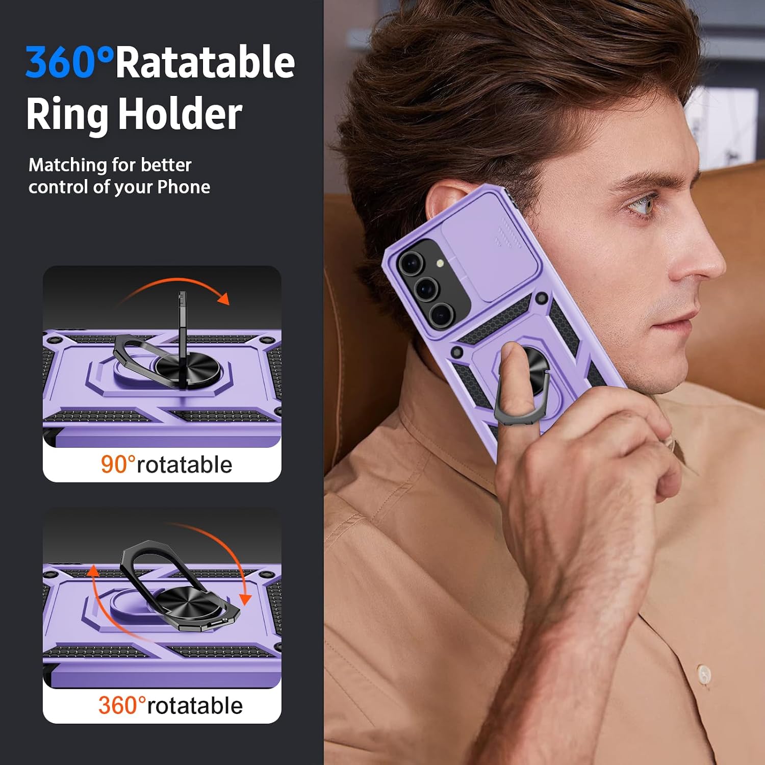 for Samsung Galaxy S24 FE Case with Camera Lens Cover, HD Screen Protector, 10 FT Military Grade Drop Protection, Magnetic Ring Holder Kickstand Protective Phone Case, Lavender thumbnail