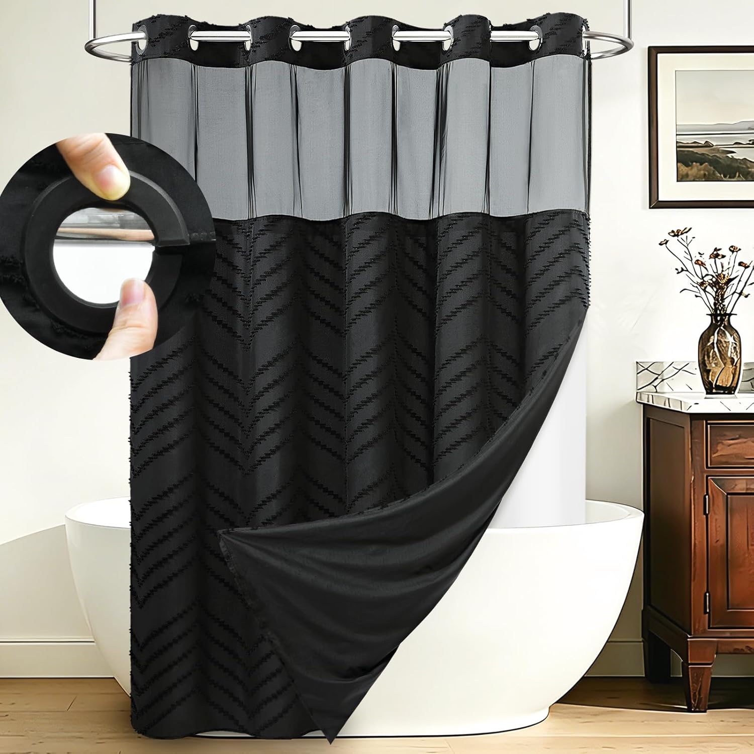 WONICY No Hook Shower Curtain with Snap in Liner, Black Tufted Chevron Striped Shower Curtains for Bathroom, Waterproof & Washable, 71Wx74H