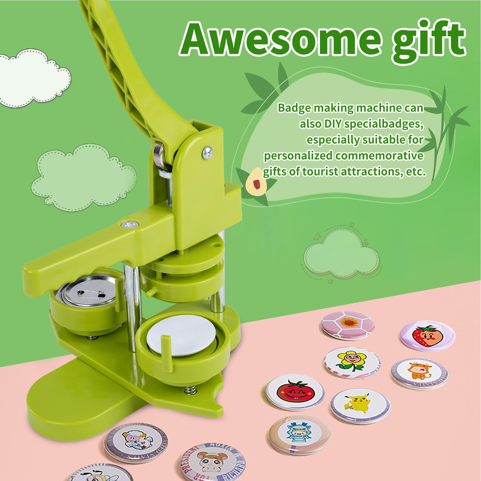 Maszyna do wyciskania plakietek, Maszyna do guzików, ze 100 guzikami/obrazkami i nożem do wycinania kółek dla postaci dla ludzi, dzieci DIY Gift Pin Maker (zielona, 32 mm)