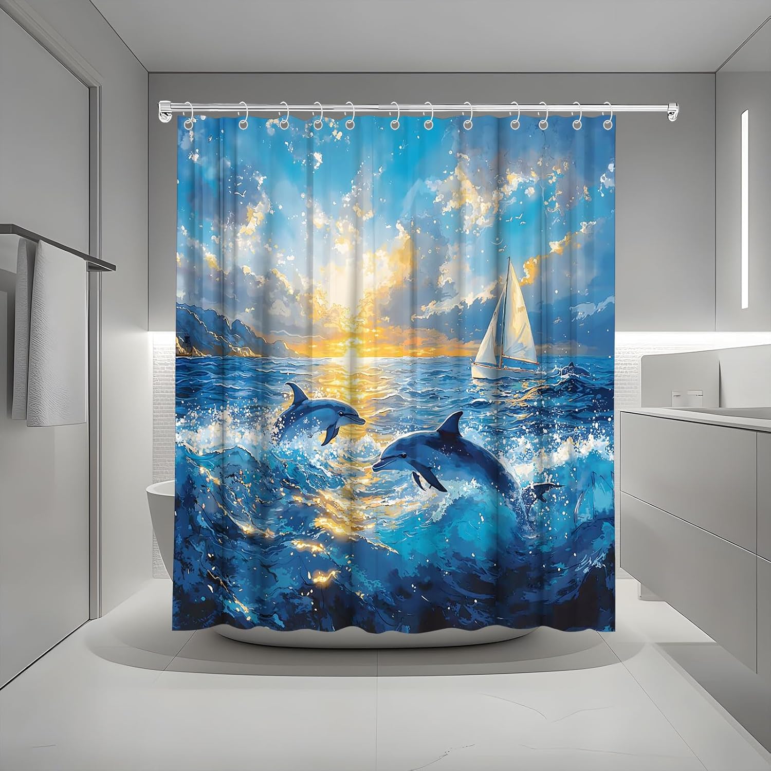 Dolphin Shower Curtain Tropical Wildlife Sailboat Sunset Ocean Scenery Cute Animals Oil Painting Bath Curtain Fabric Bathroom Accessories Decor with Hooks 90W x70L