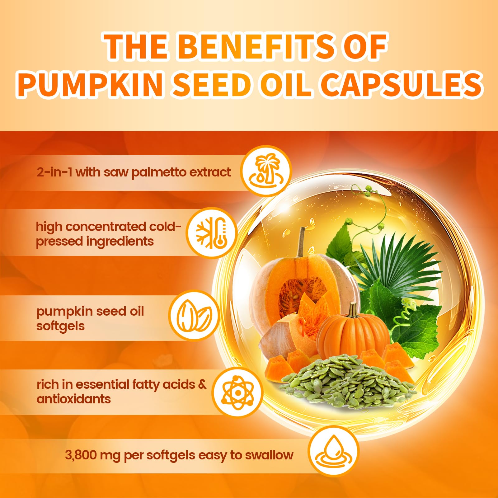 VivoNu Huile de Pépins de Courge - Saw Palmetto & pumpkin seed oil - 3000 mg - soutient la croissance des cheveux, soutient la santé de la Prostate - 300 unité - Sans Soja, Sans Gluten & Sans OGM