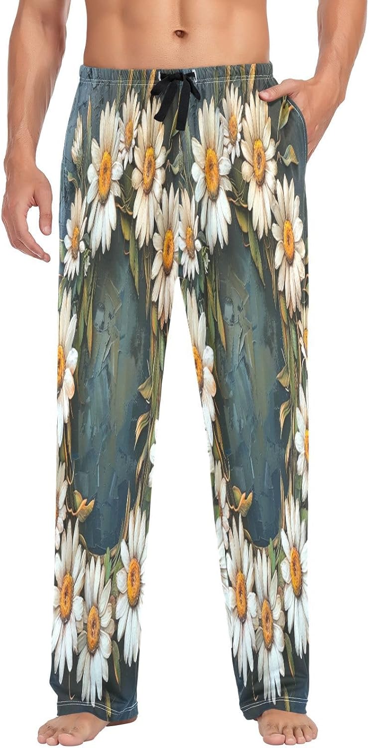 ALAZA Daisy Wreath Print Men's Pajama Pants Men Cotton Pajama Bottoms with Pockets, S