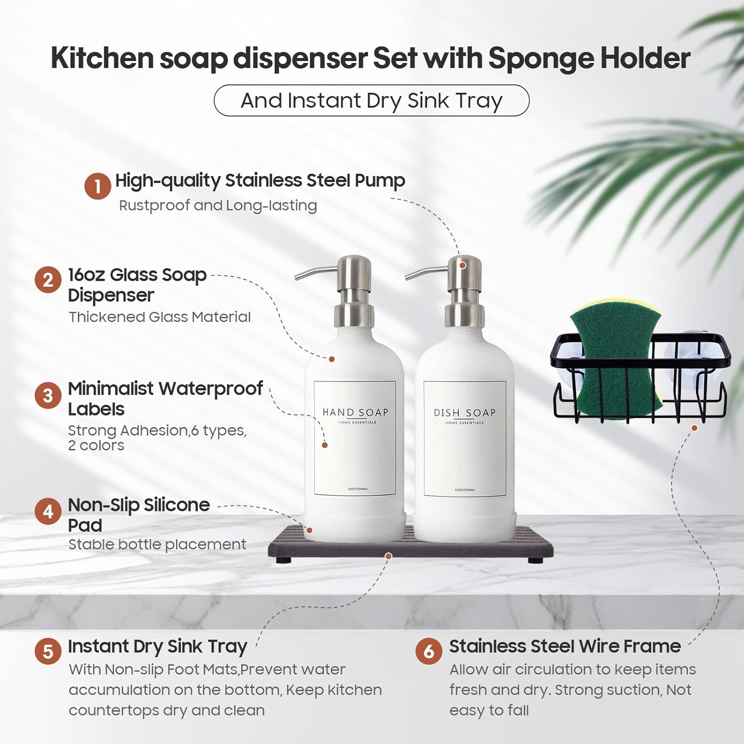 Kitchen Soap Dispenser Set with Instant Dry Tray & Sponge Holder,16 Oz Hand and Dish Soap White Glass Dispenser Set,Stainless Steel Pump,Waterproof Labels,Luxury Soap Bottle for Bathroom - Image 2