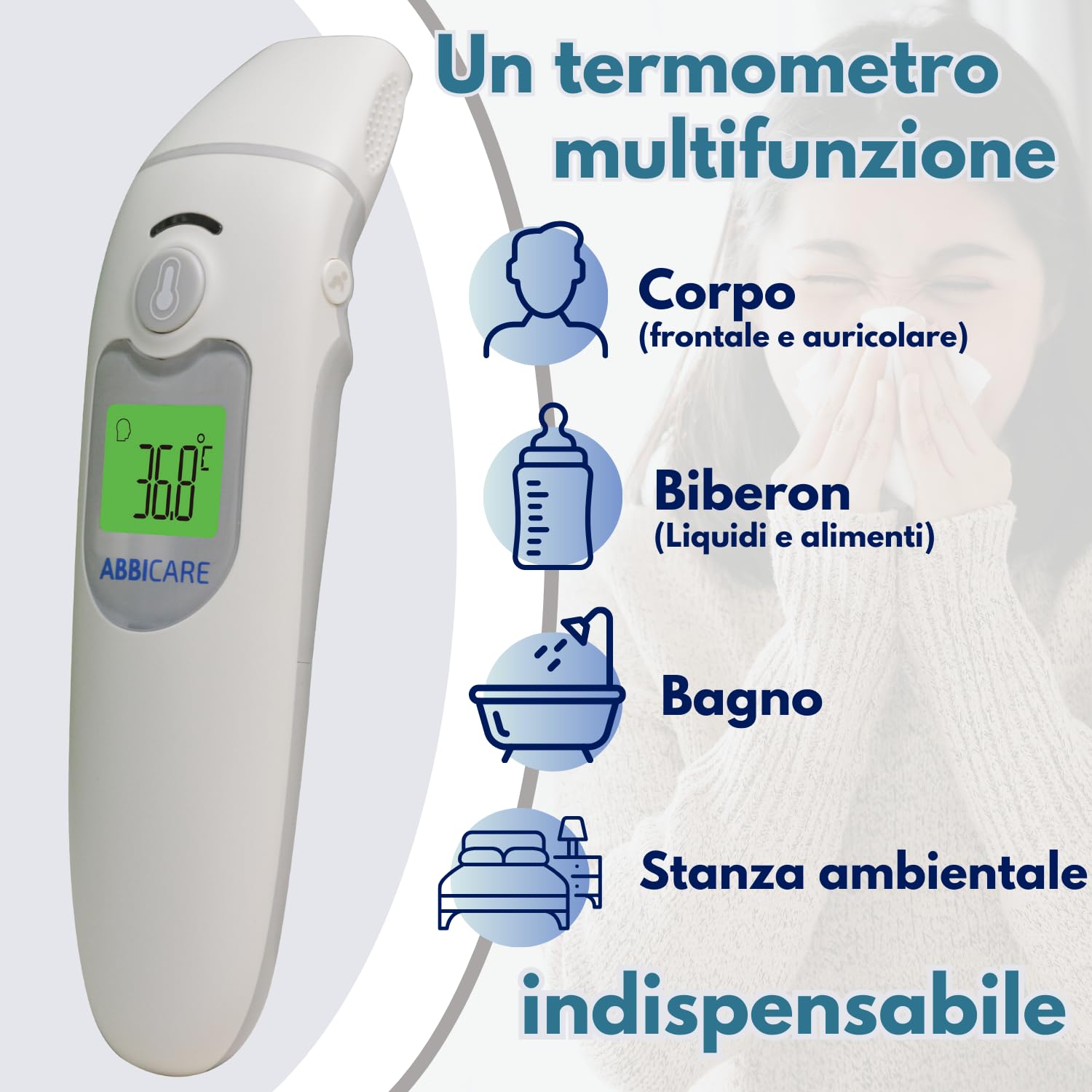 Termometro febbre frontale e auricolare ABBICARE™ con custodia | Modalità speciale bebé precisa e rapida in 1 secondo senza contatto | Termometri medici professionali infrarossi adulti