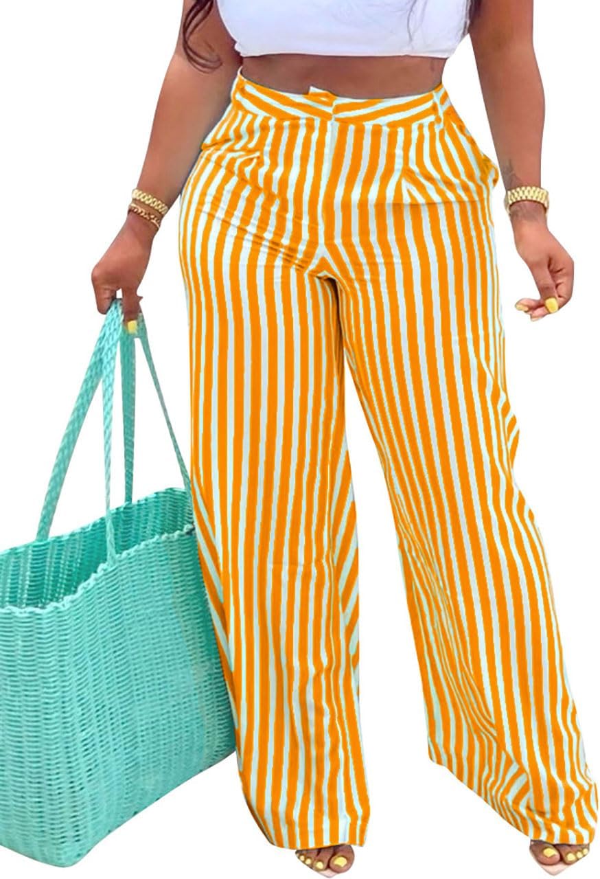 MESLIMA Women's Casual High Waist Trousers Fashion Striped Print Summer Loose Wide Leg Pants with Pockets