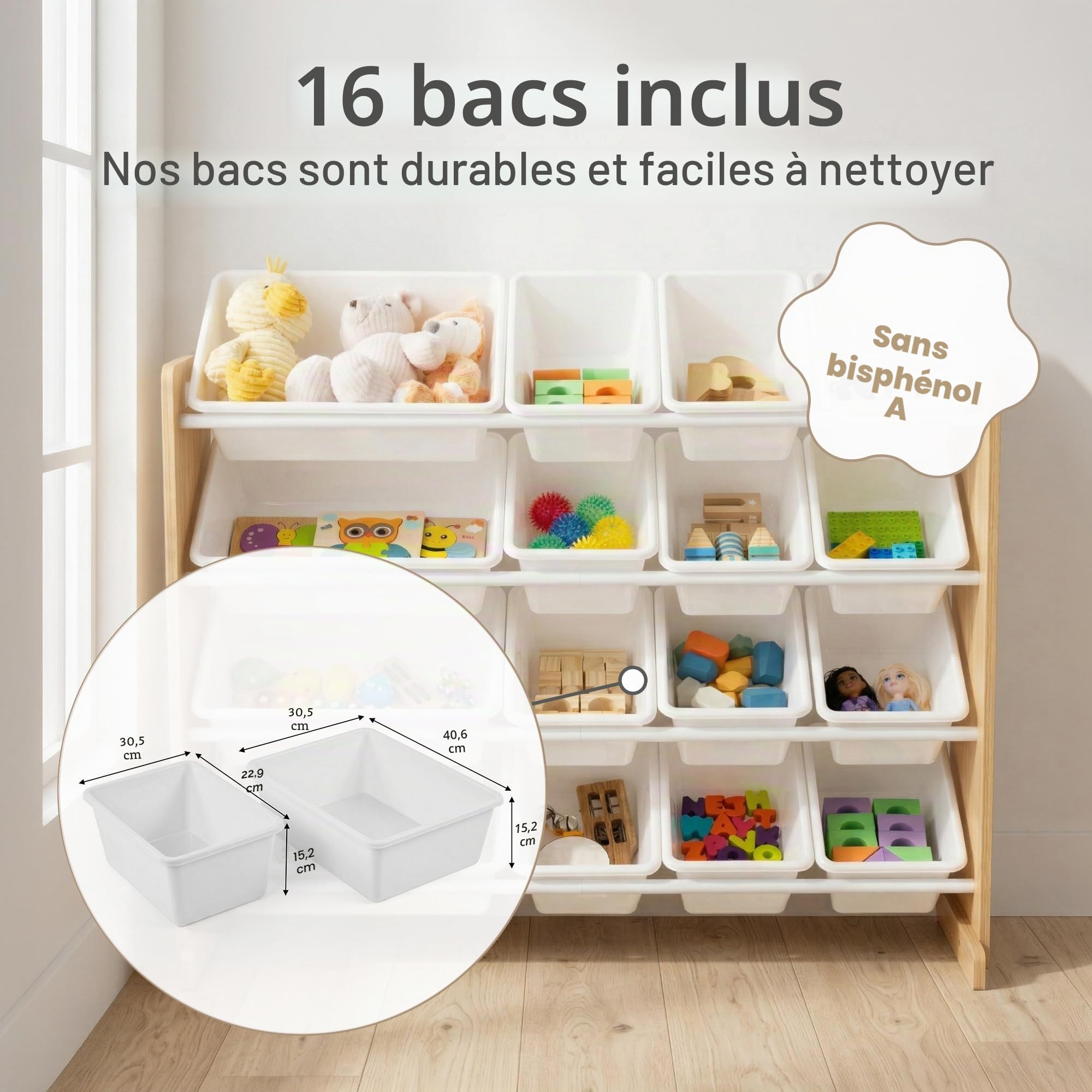 Humble Crew WO166 Étagère pour Enfants - Organisateur de Jouets avec 16 Bacs de Rangement, Naturel/Blanc