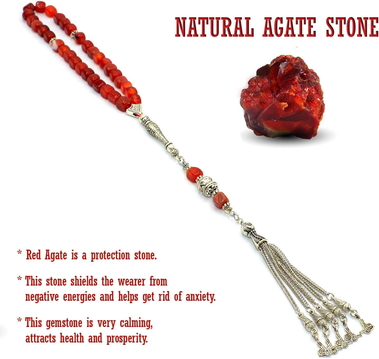 Red Square Agate 8 mm 33-Piece Prayer Beads (Worry Beads, Rosary, Misbaha)