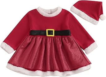 Baby Girls Cute Long Sleeve Plush Collar Dresses with Santa Hat Newborn Infant Christmas Outfit