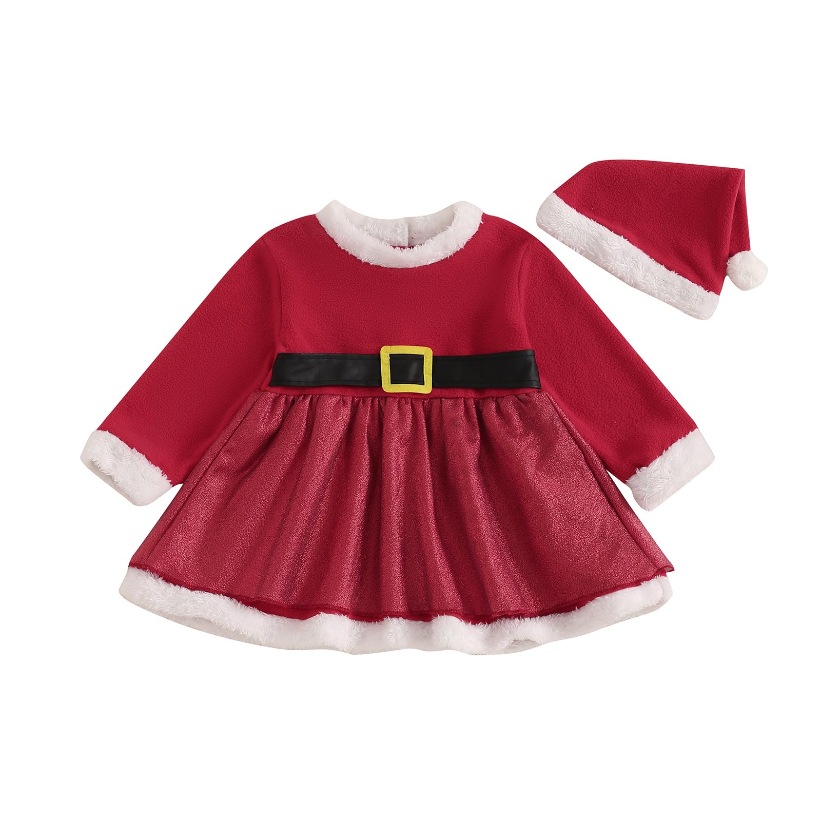 Baby Girls Cute Long Sleeve Plush Collar Dresses with Santa Hat Newborn Infant Christmas Outfit (Red, 6-12 Months)