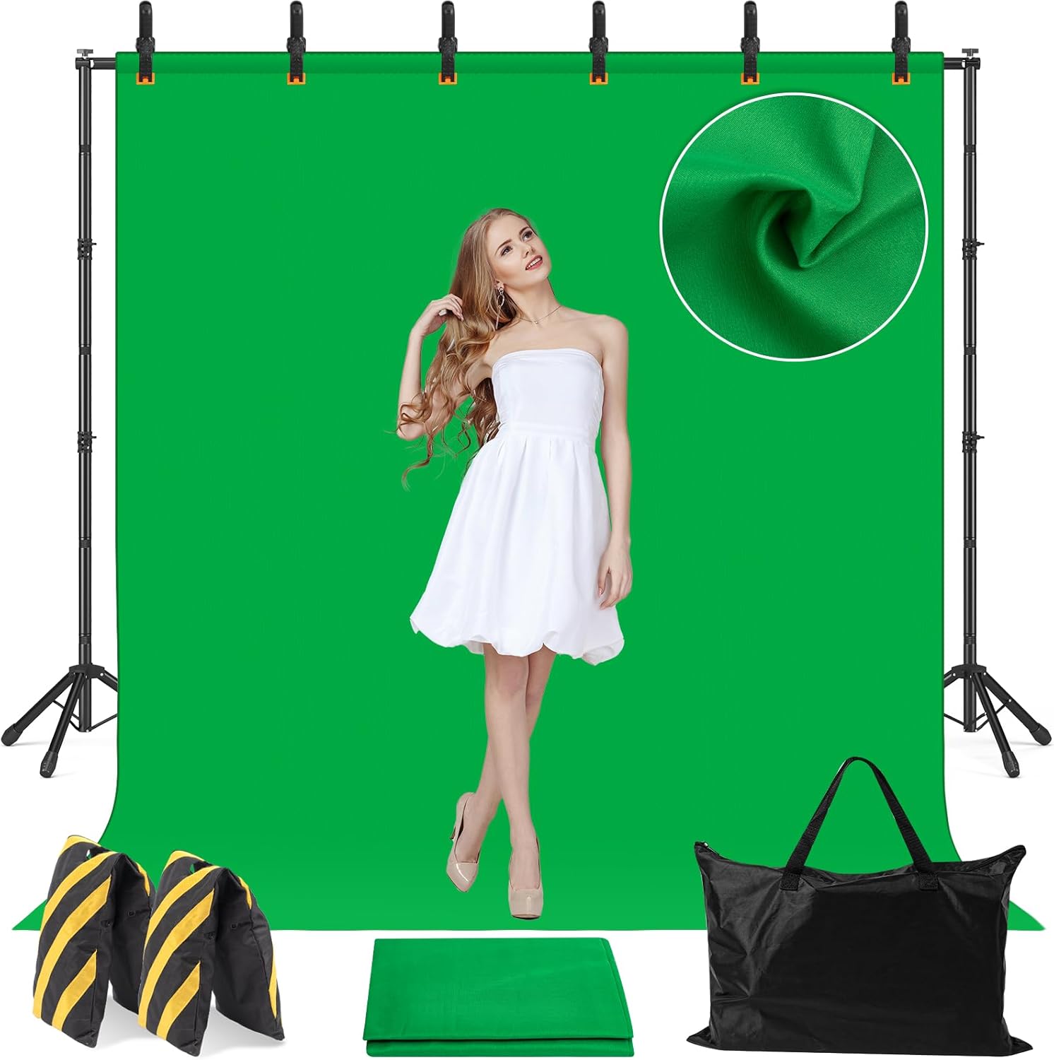 10x8.5 Backdrop Stand with Green Screen Backdrop for Photography Studio, Photo Backdrop Stand Kit for Video Streaming, and Live Broadcast, Background Stand Kit with Sandbags, Clips, Carring Bag 10x8.5 ft