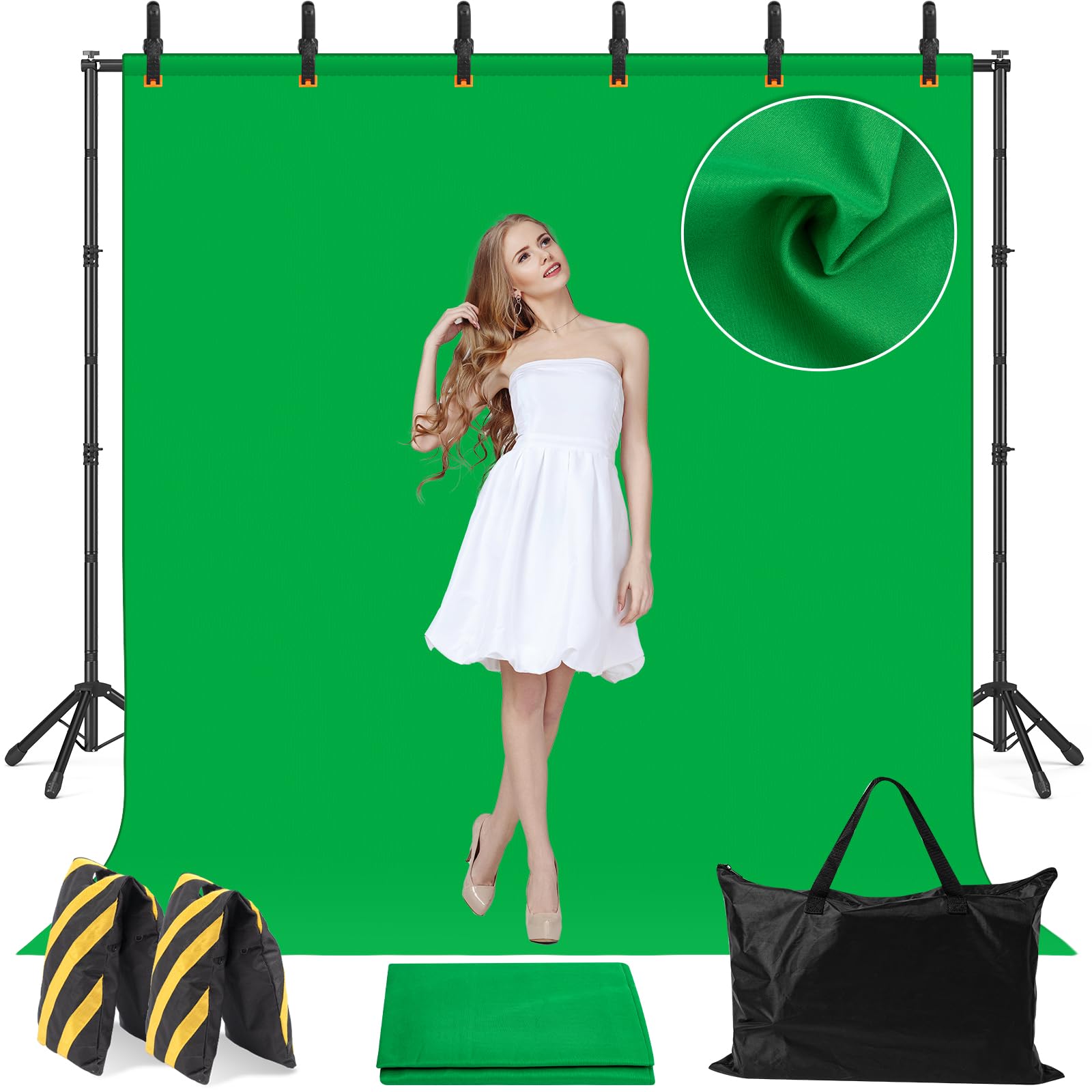 Photo 1 of 10x8.5 Backdrop Stand with Green Screen Backdrop for Photography Studio, Photo Backdrop Stand Kit for Video Streaming, and Live Broadcast, Background Stand Kit with Sandbags, Clips, Carring Bag