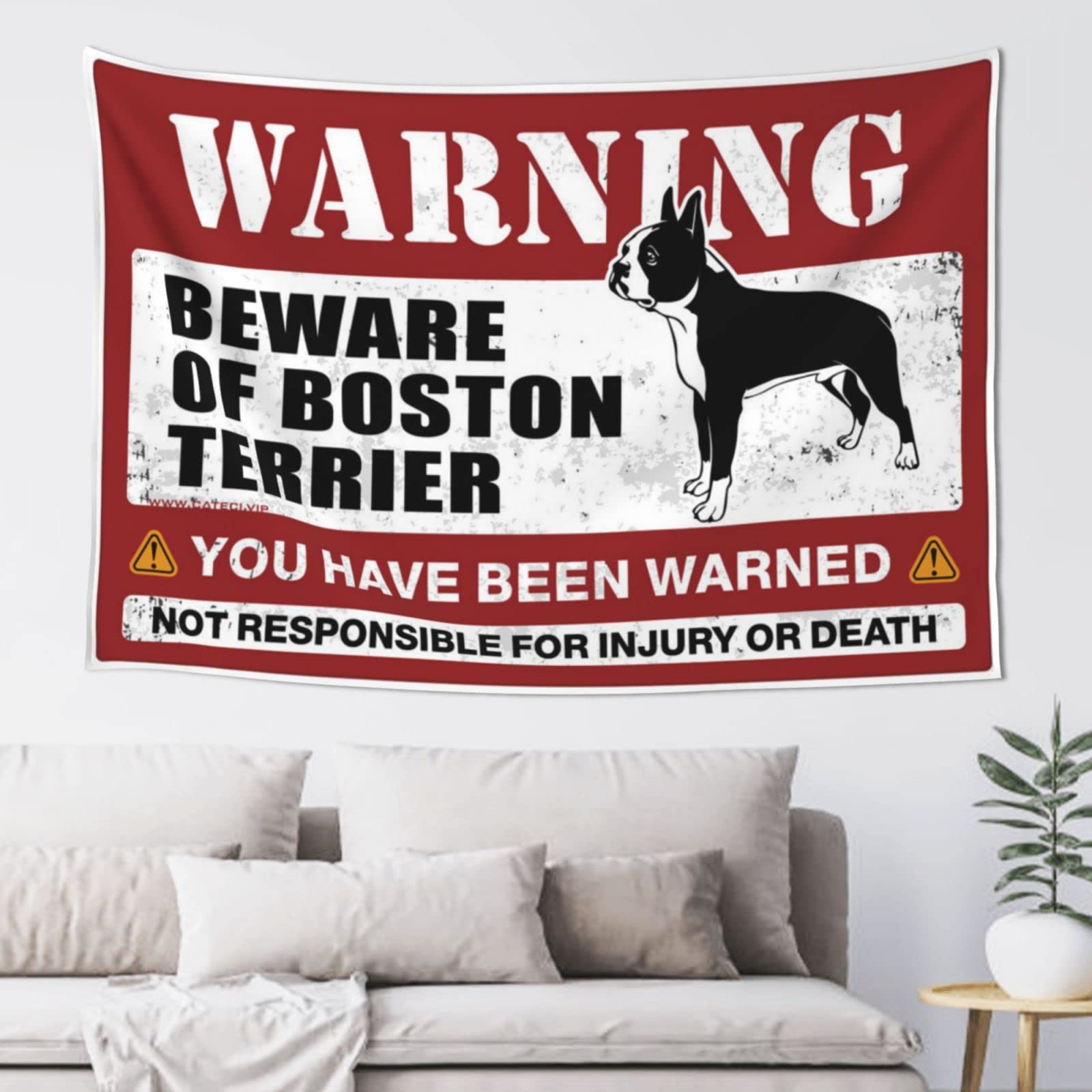 PRAVOXI Bar Man Cave Decor Beware Of Boston Terrier Tapestry Man Cave Decorations Tapestry For Walls(75X100CM)
