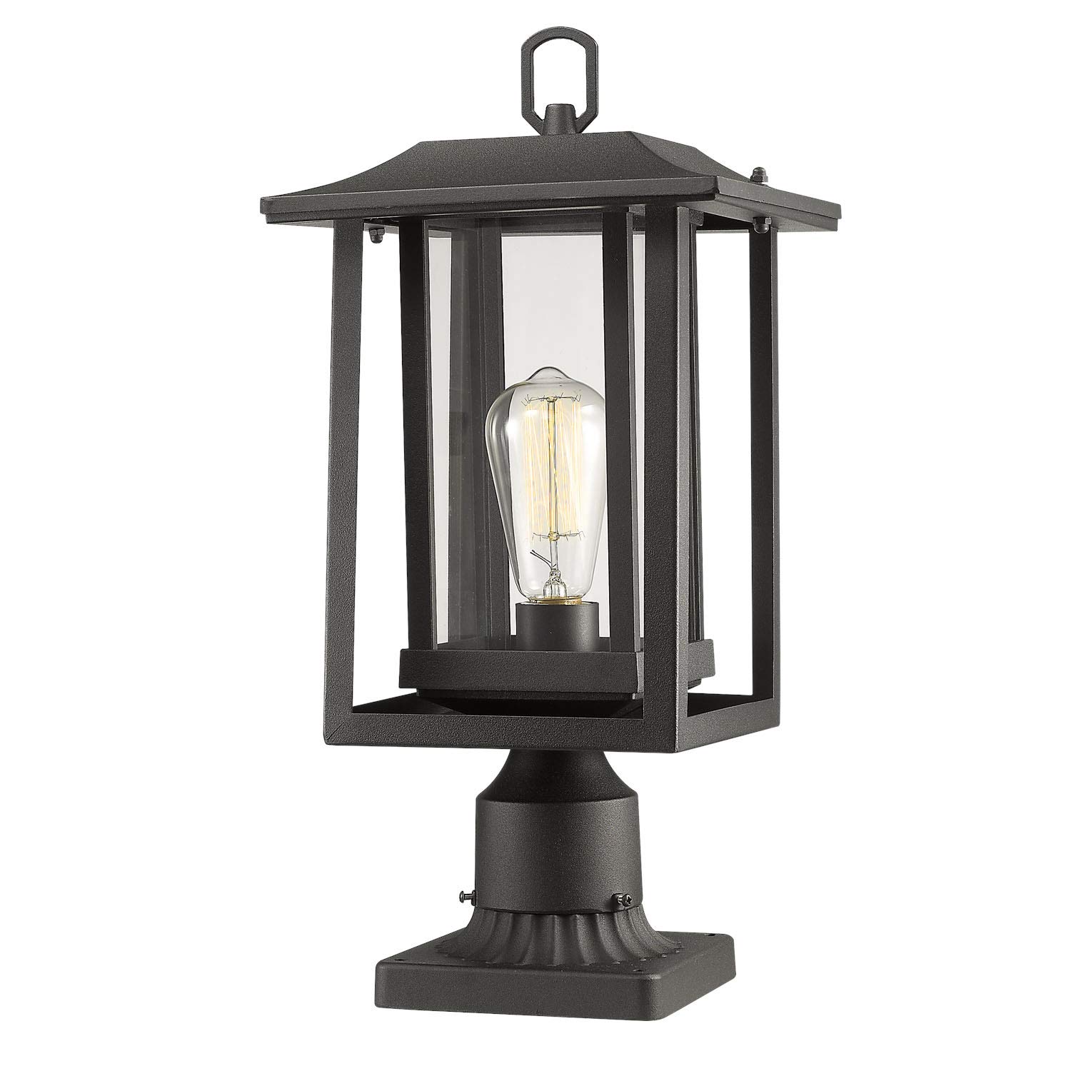 Outdoor Post Light, Beionxii 1-Light Exterior Post Lantern in Matte Black Finish with Clear Glass Panel Shade, Includes Post Base