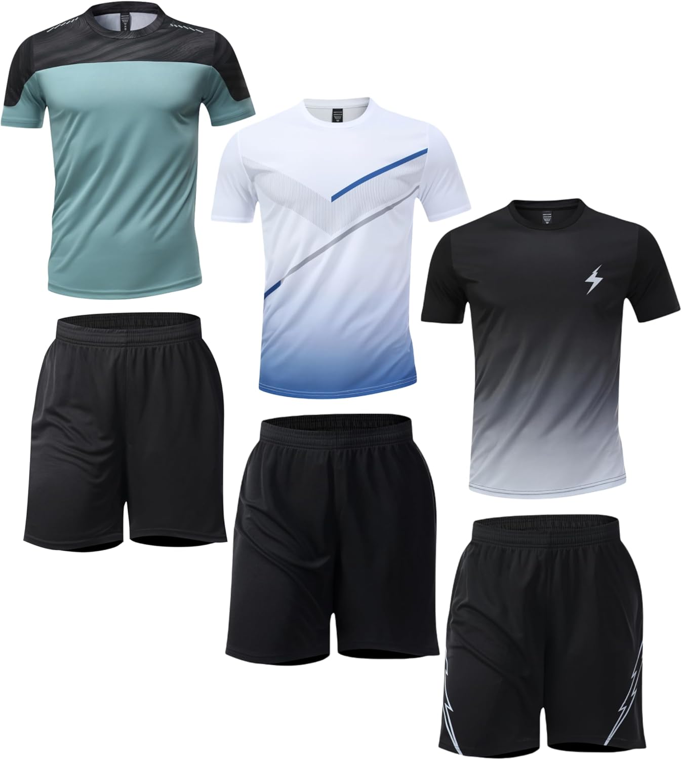Simbora Men's 6-Piece Workout Set, Quick-Dry Athletic T-Shirts & Running Shorts, Breathable Gym Activewear for Training