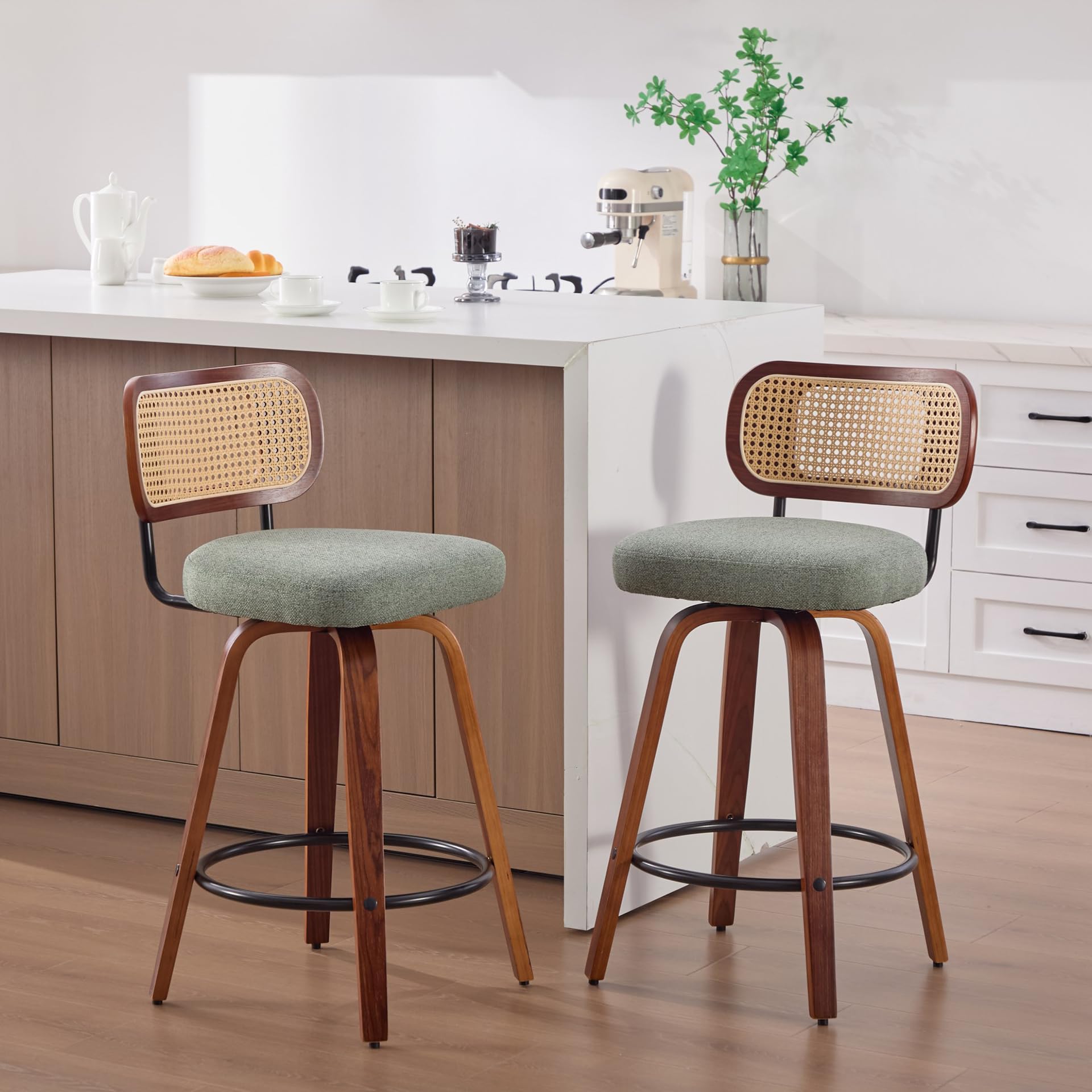 Swivel Bar Stools Set of 2, 26" Counter Height Barstools with Rattan Back &amp; Bentwood Legs, Upholstered Linen Mid-Century Modern Kitchen Island Chairs (Green)