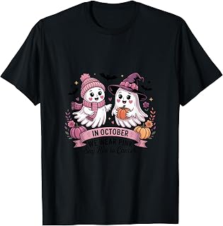in October We Wear Pink Ribbon Breast Cancer Awareness Ghost T-Shirt