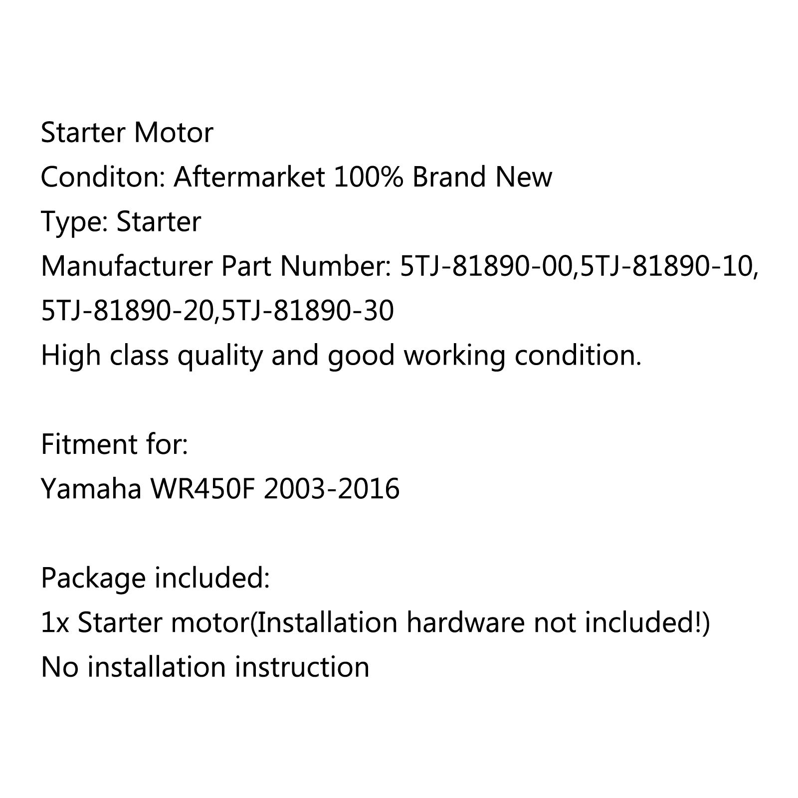 Démarreur de moto de remplacement pour Yamaha WR450F 2003 2004 2005 2006