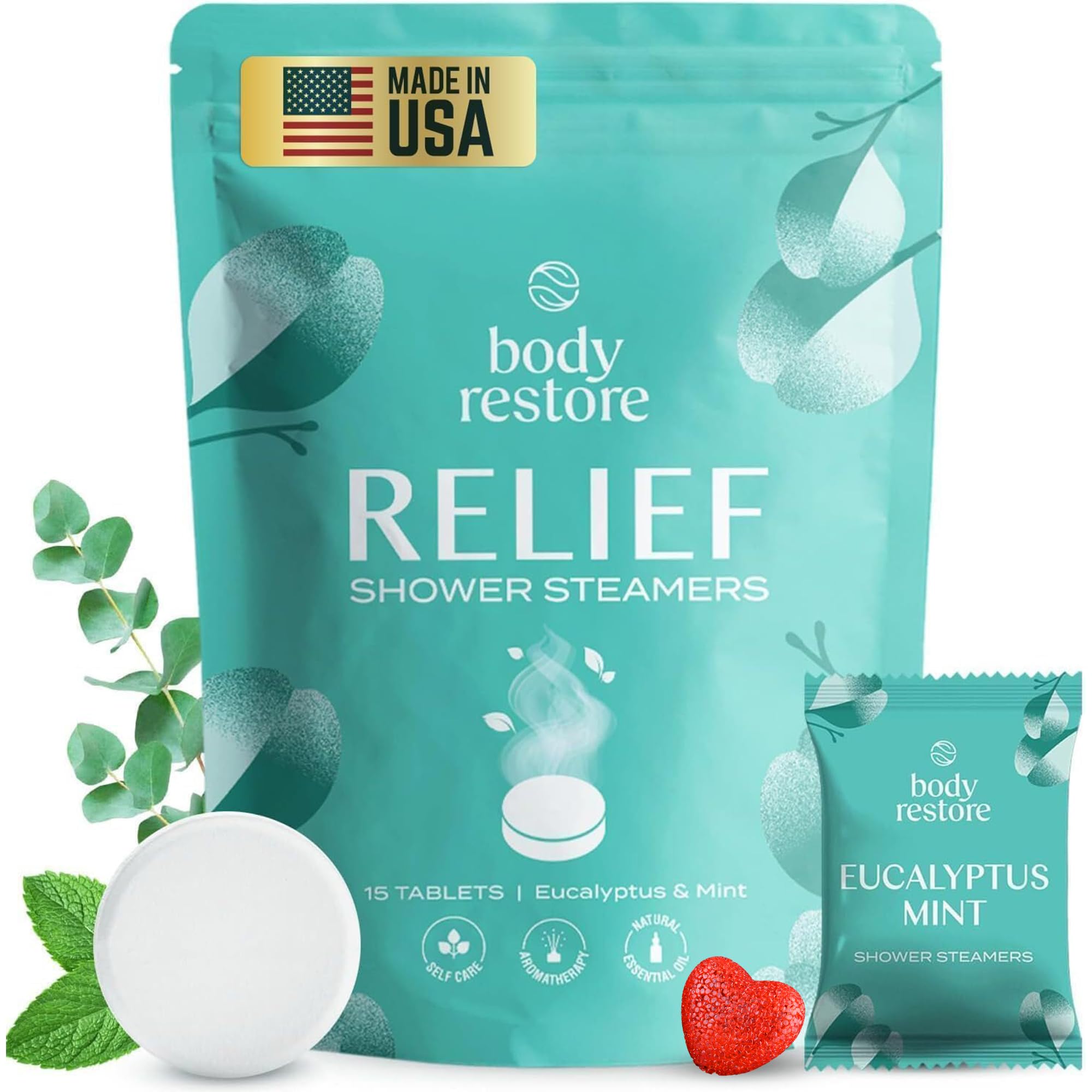 Body Restore Essential Oil Shower Steamer Set, 15 Mint and Eucalyptus Scented Aromatherapy Shower Steamers 30g, Vapor Steam Tablets, Relaxation Gifts for Women,