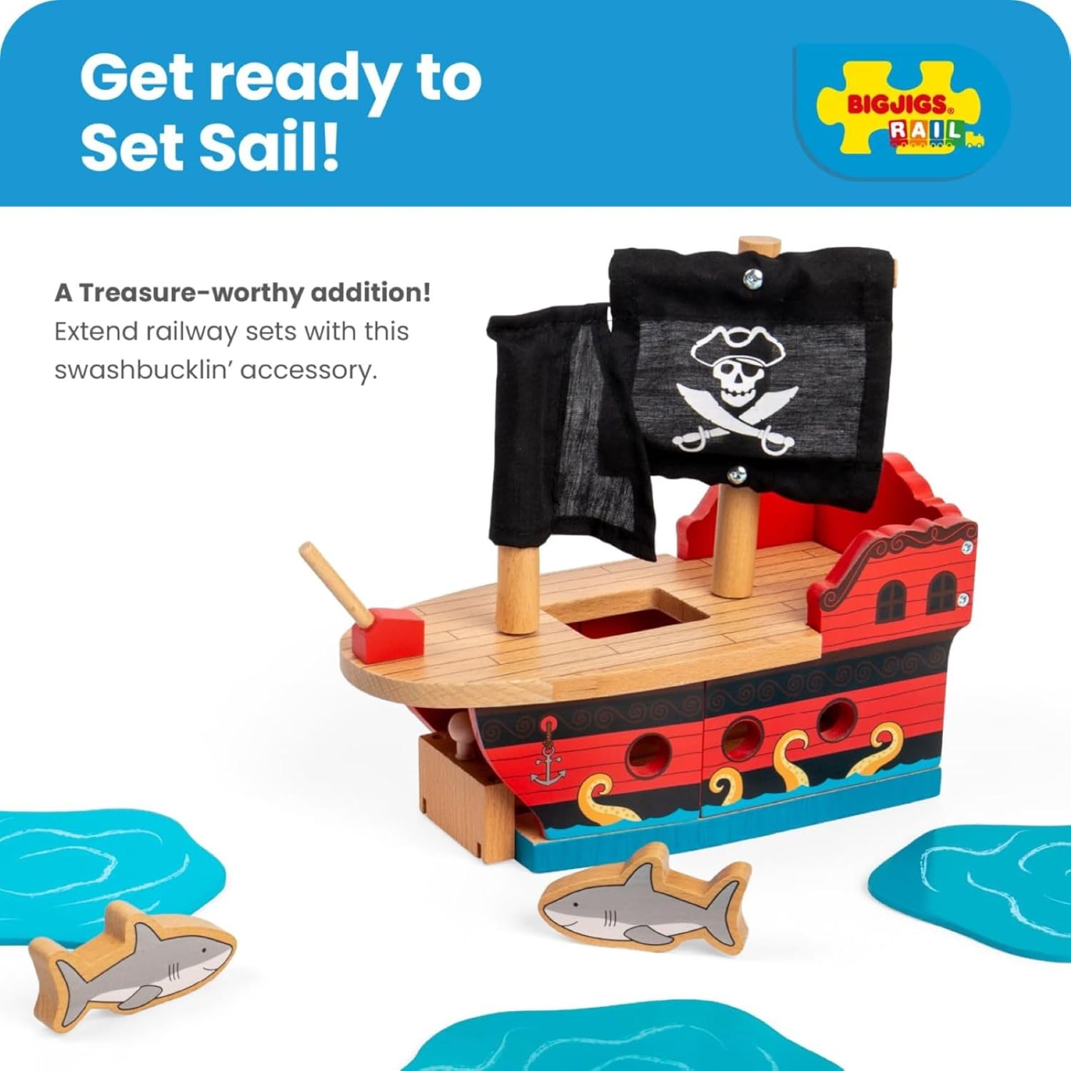 Bigjigs Rail Wooden Pirate Ship Galleon - Pirate Accessories for Wooden Train Sets, Bigjigs Train Accessories, Pirate Ship Toys for Kids, Wooden Toys for 3 4 5 Year Olds