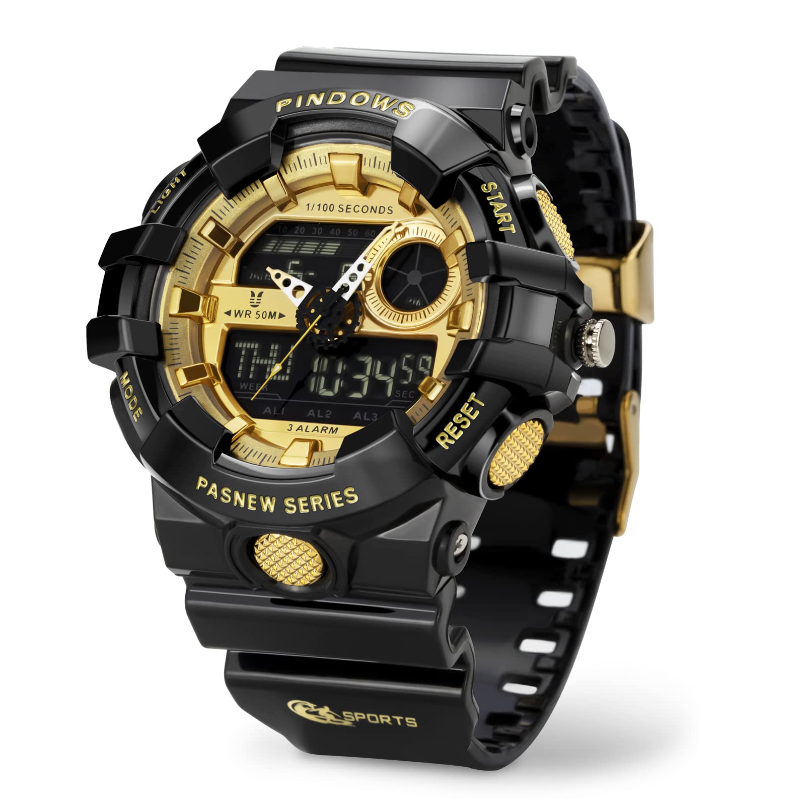 PINDOWS Watch for Men, Automatic Mens Watch Outdoor Sports Electronic Watch Date Multi-Function LED Alarm Stopwatch,50M Waterproof Analog Digital Watches 12H/24H Display Men Wrist Watch. (Black Gold) (B08QTQYHGZ) Amazon Price History, Amazon Price Tracker