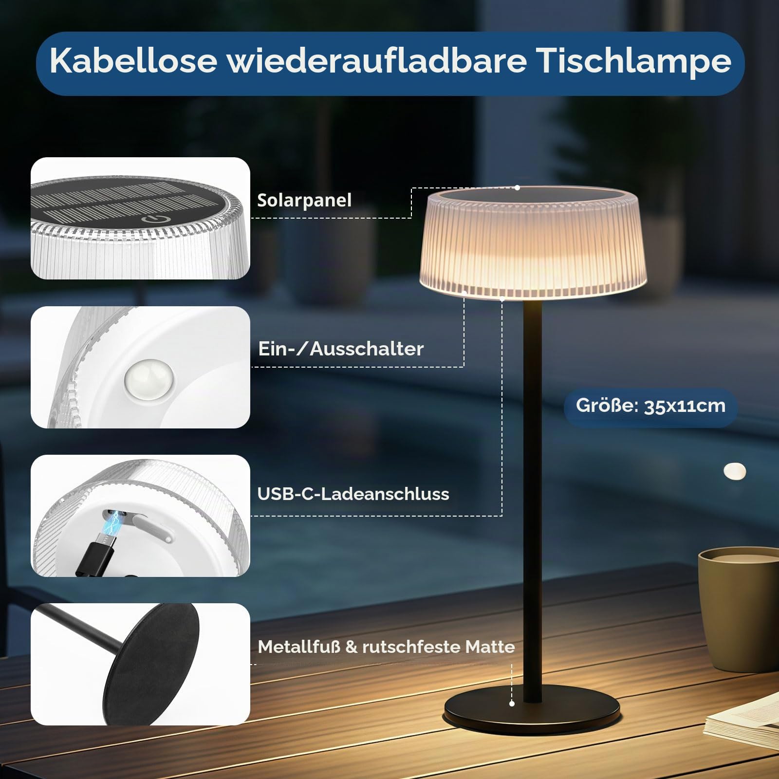 2er-Pack Akku Tischleuchte, 3CCT Dimmbar Solar Tischlampe Kabellos | Alinana IP67 LED Touch Lampe mit Solar- und Type-C Aufladung für Schlafzimmer und Garten