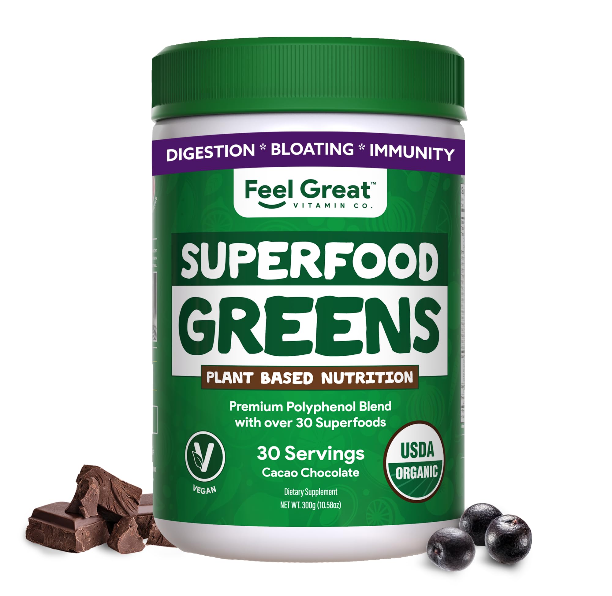 Feel Great Organic Superfood Greens Powder - Cocoa Chocolate | Fruit & Vegetable Supplement | Over 20 Greens, Fruits & Veggies, Fiber, Probiotics & Digestive Enzymes | 30 Servings
