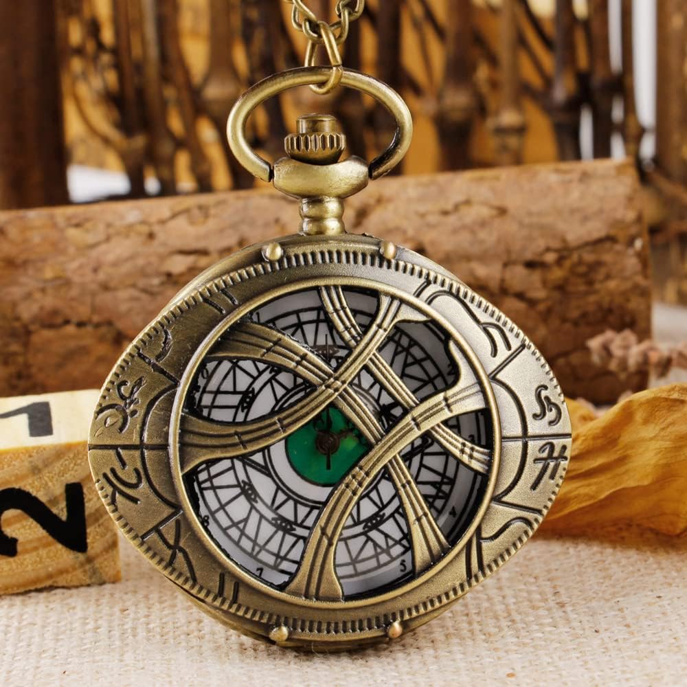 Tiong Vintage Strange Quartz Pocket Watch, Openwork Green Pupil Engraving Design Pocket Watch Necklace - Image 5