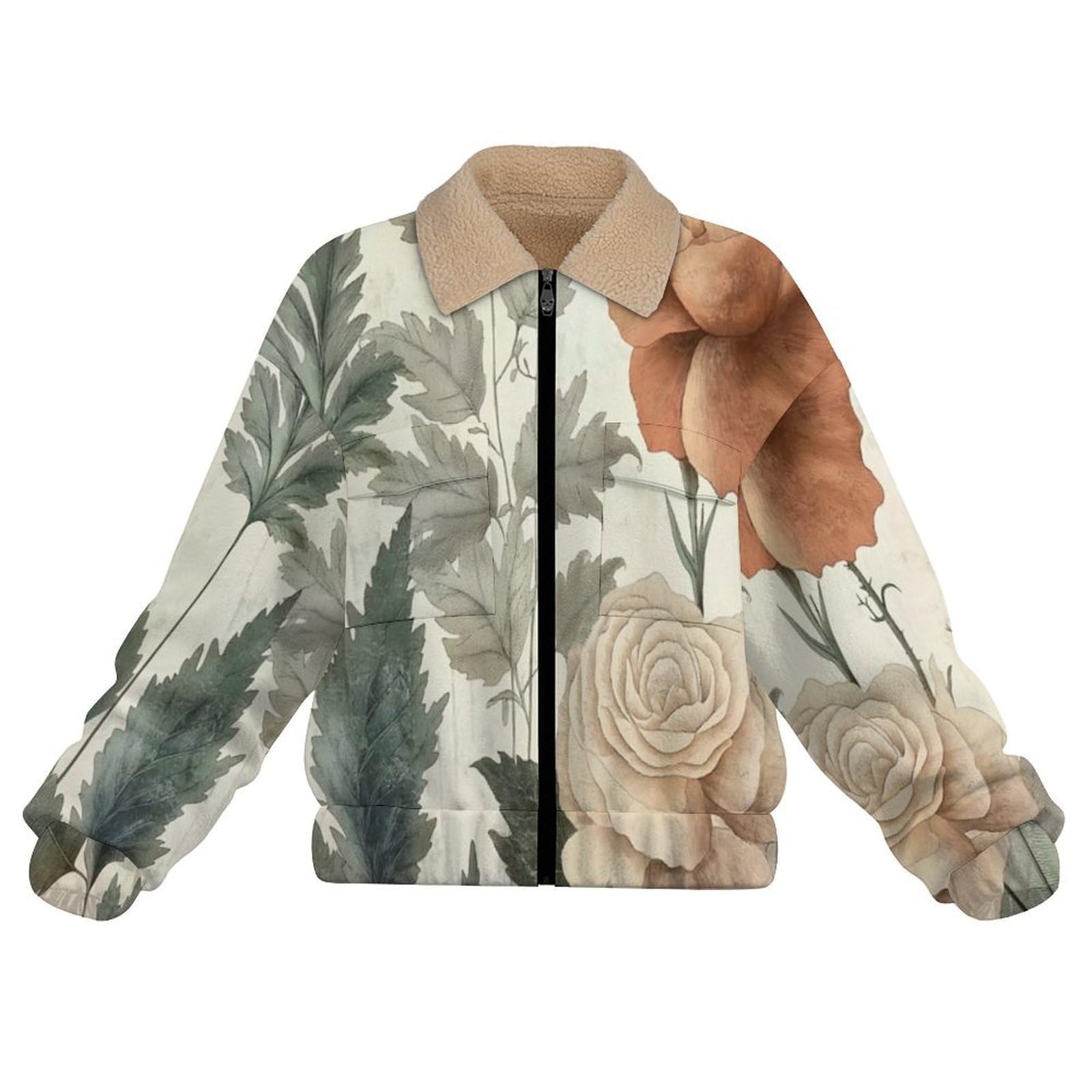 Giacca in Pile da Donna con Chiusura Lampo su Tutta la Lunghezza, Colletto Revers, Cappotto Foglie rose Calda Invernale con Tasche, per Escursioni e Tempo Libero