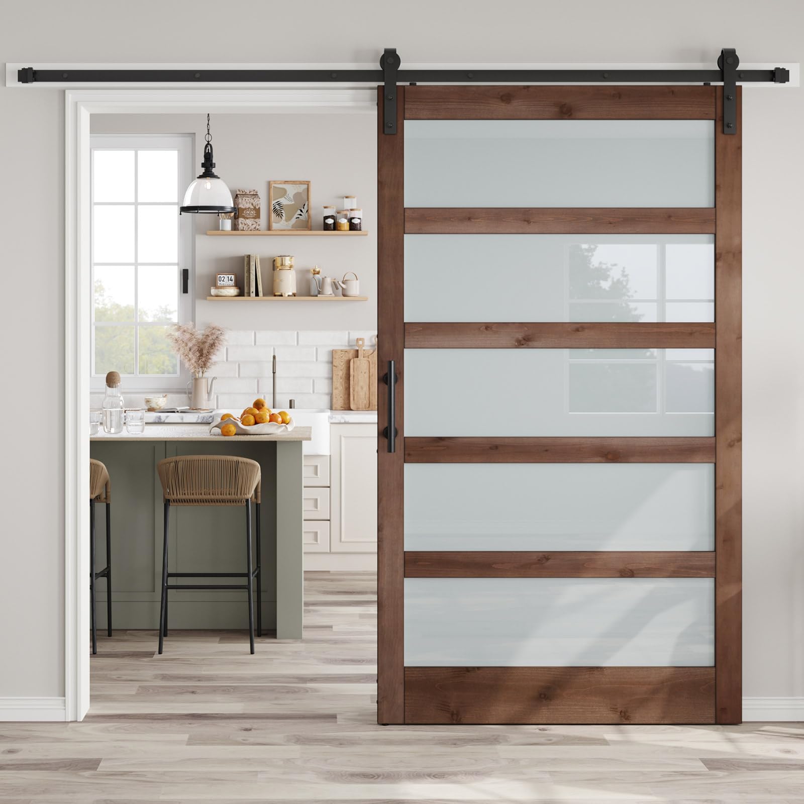 Photo 1 of ROYMELO 48x84 inch Glass Sliding Brown Barn Door Slab with 8FT Hardware Kit, 5-Panel Frosted Glass, Easy Assembly